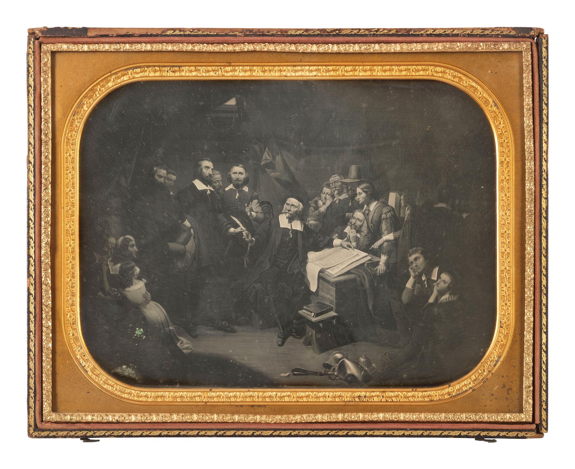American Art in Daguerreotypes Whole plate daguerreotype of American painting The Pilgrims Signing the Compact, on board the Mayflower, Nov. 11th, 1620 , by T.H. Matteson (1813-1884).