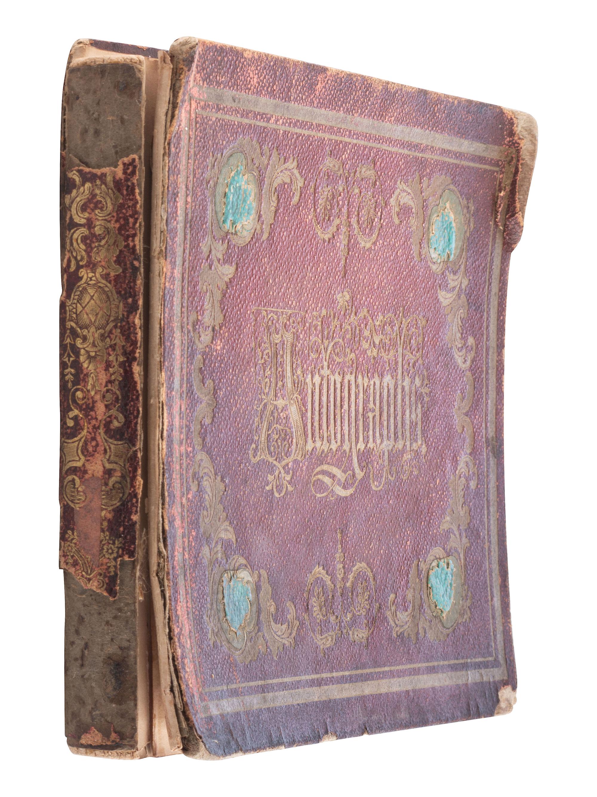 [CIVIL WAR]. Autograph book identified to Lucritia Taft Flagg, featuring signatures of assorted 19th-century figures including D.L. MOODY, Lewis CASS, Charles SUMNER, William H. SEWARD, and others.