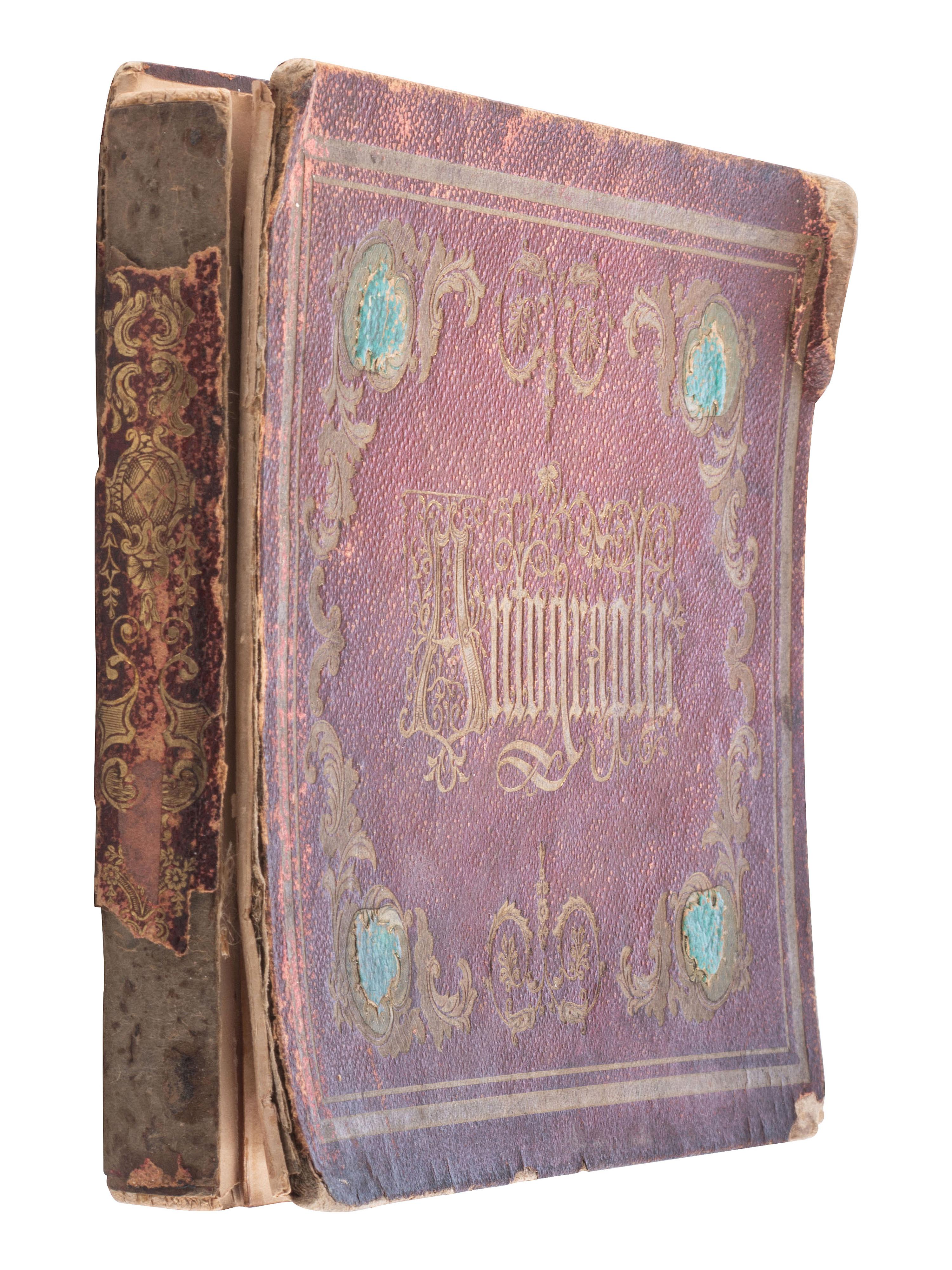[CIVIL WAR]. Autograph book identified to Lucritia Taft Flagg, featuring signatures of assorted 19th-century figures including D.L. MOODY, Lewis CASS, Charles SUMNER, William H. SEWARD, and others.
