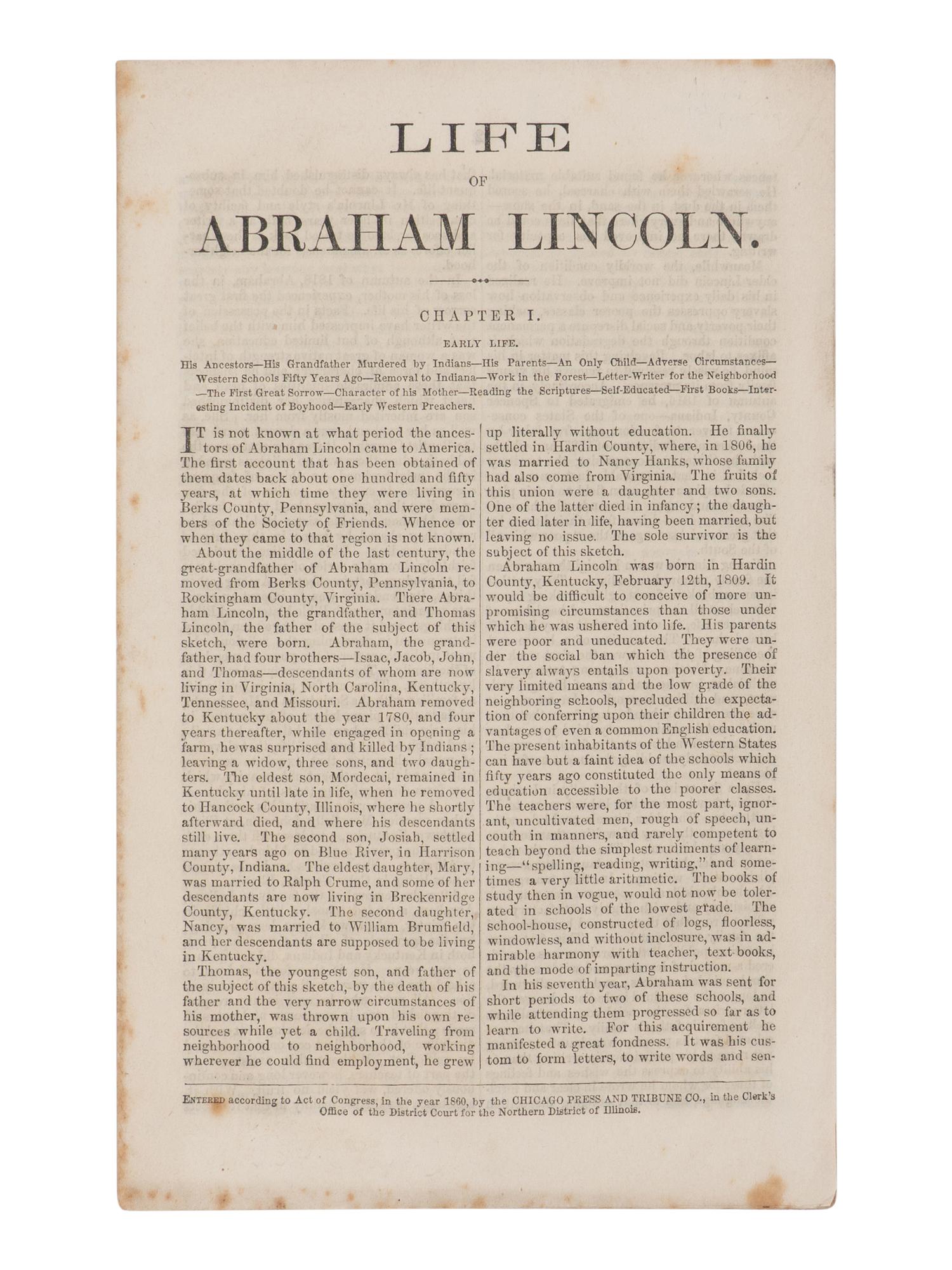 [LINCOLN, Abraham (1809-1865)]. -- SCRIPPS, John Locke (1818-1866). Life of Abraham Lincoln . Chicago: Chicago Press and Tribune Co., 1860.