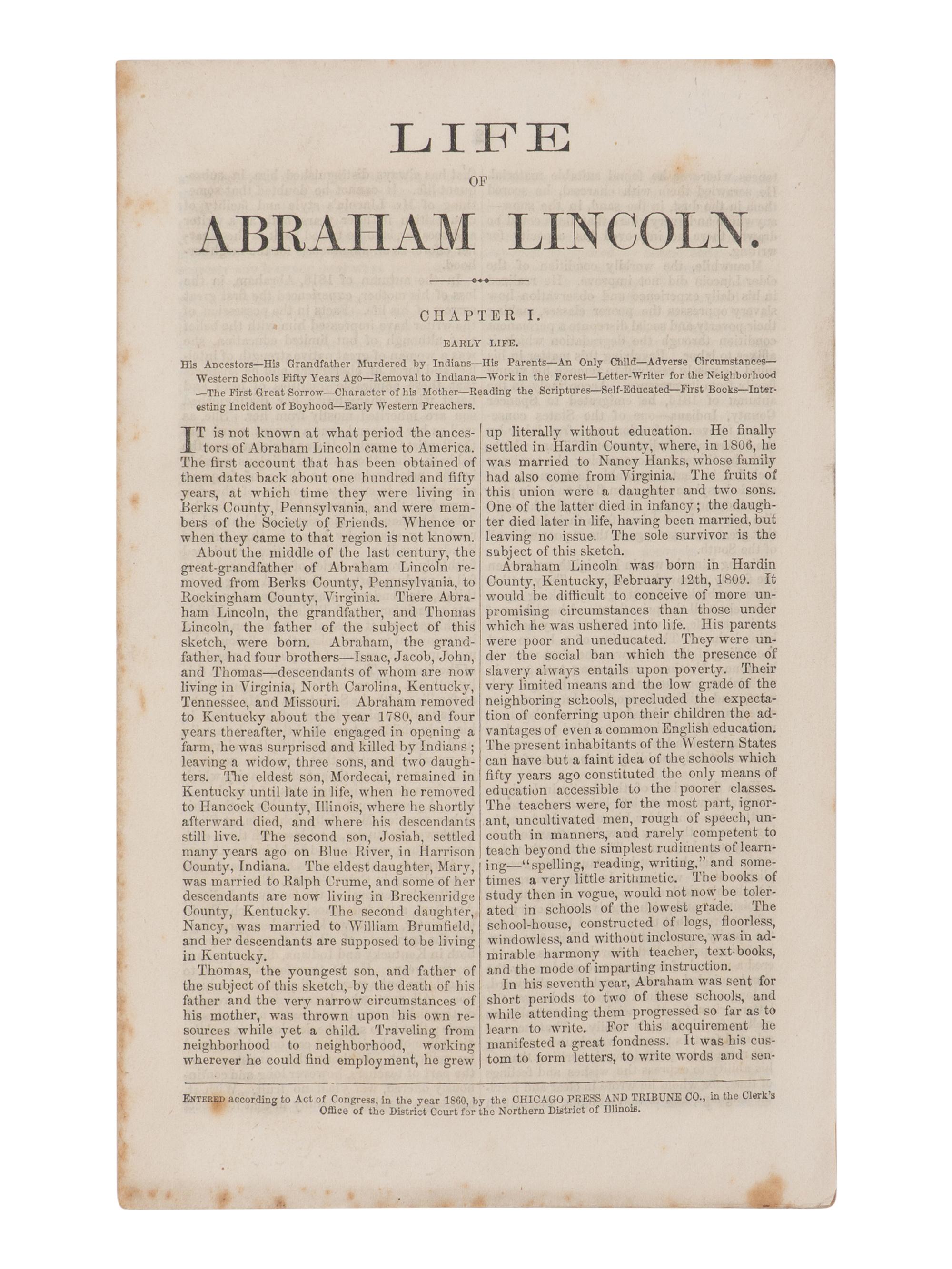 [LINCOLN, Abraham (1809-1865)]. -- SCRIPPS, John Locke (1818-1866). Life of Abraham Lincoln . Chicago: Chicago Press and Tribune Co., 1860.