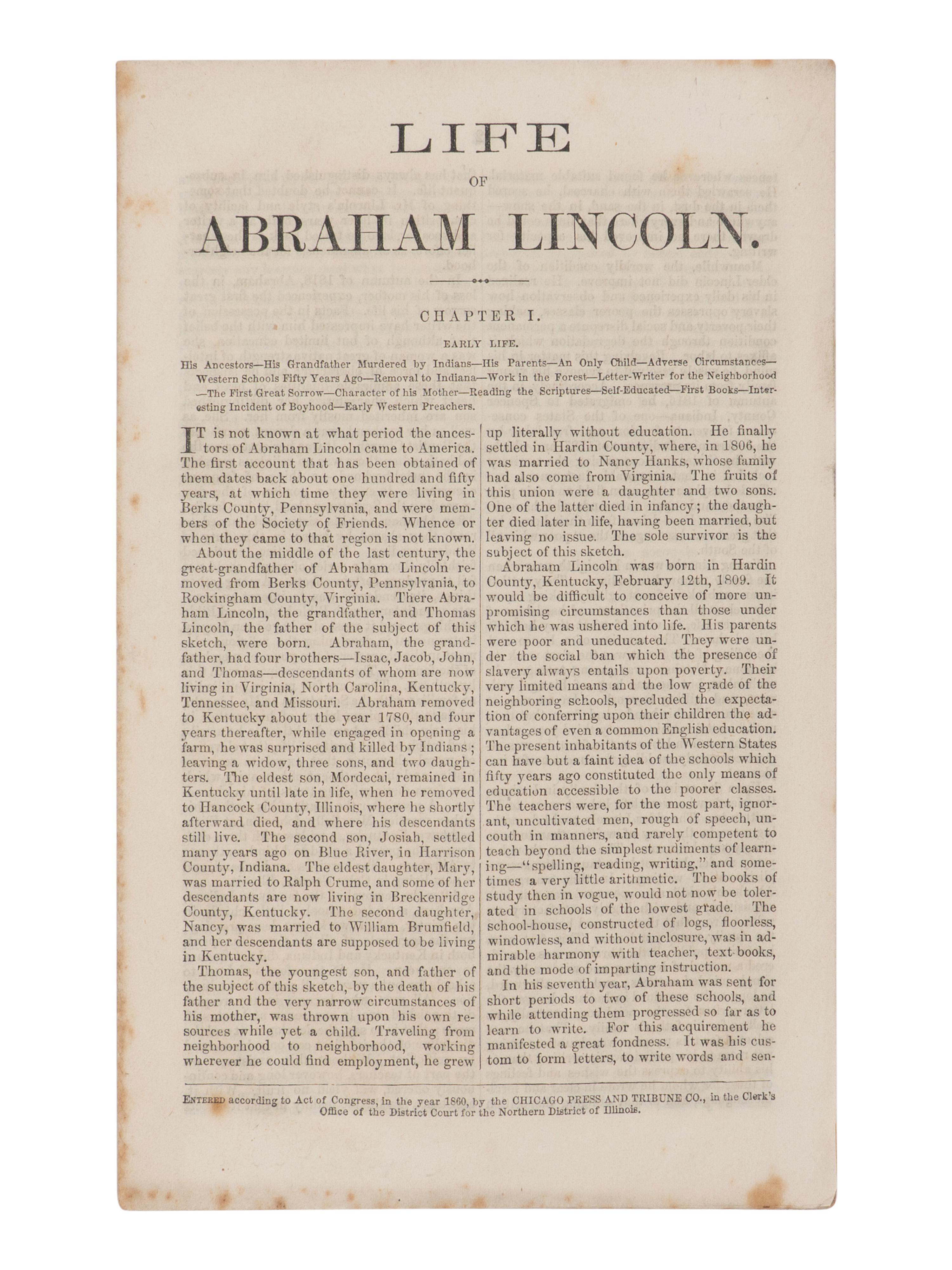 [LINCOLN, Abraham (1809-1865)]. -- SCRIPPS, John Locke (1818-1866). Life of Abraham Lincoln . Chicago: Chicago Press and Tribune Co., 1860.