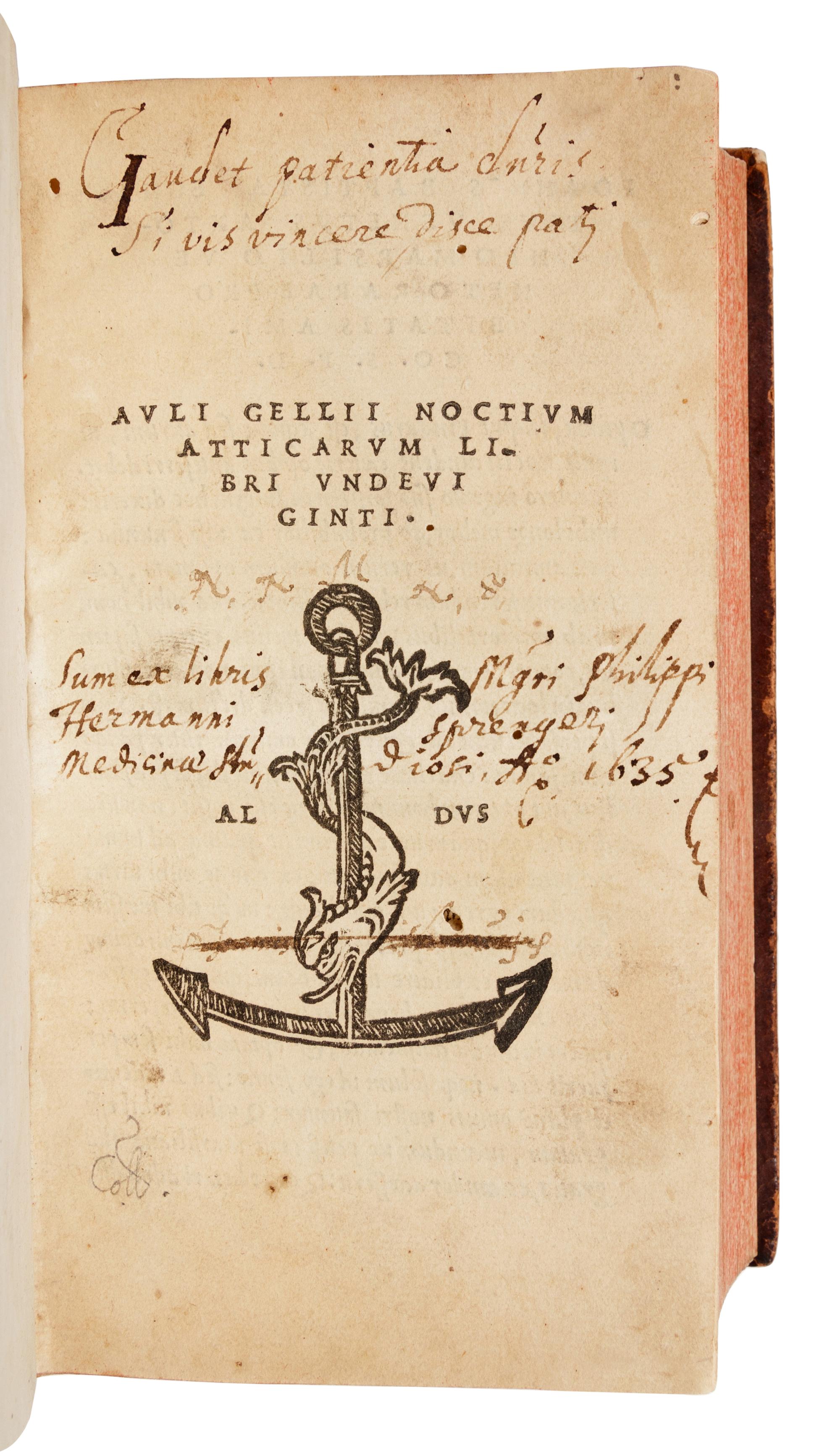 AULUS GELLIUS (ca 123 - ca 165). Noctium atticarum libri undeviginti. G.B. Egnazio [Cipolli], editor. Venice: Aldus, September 1515.