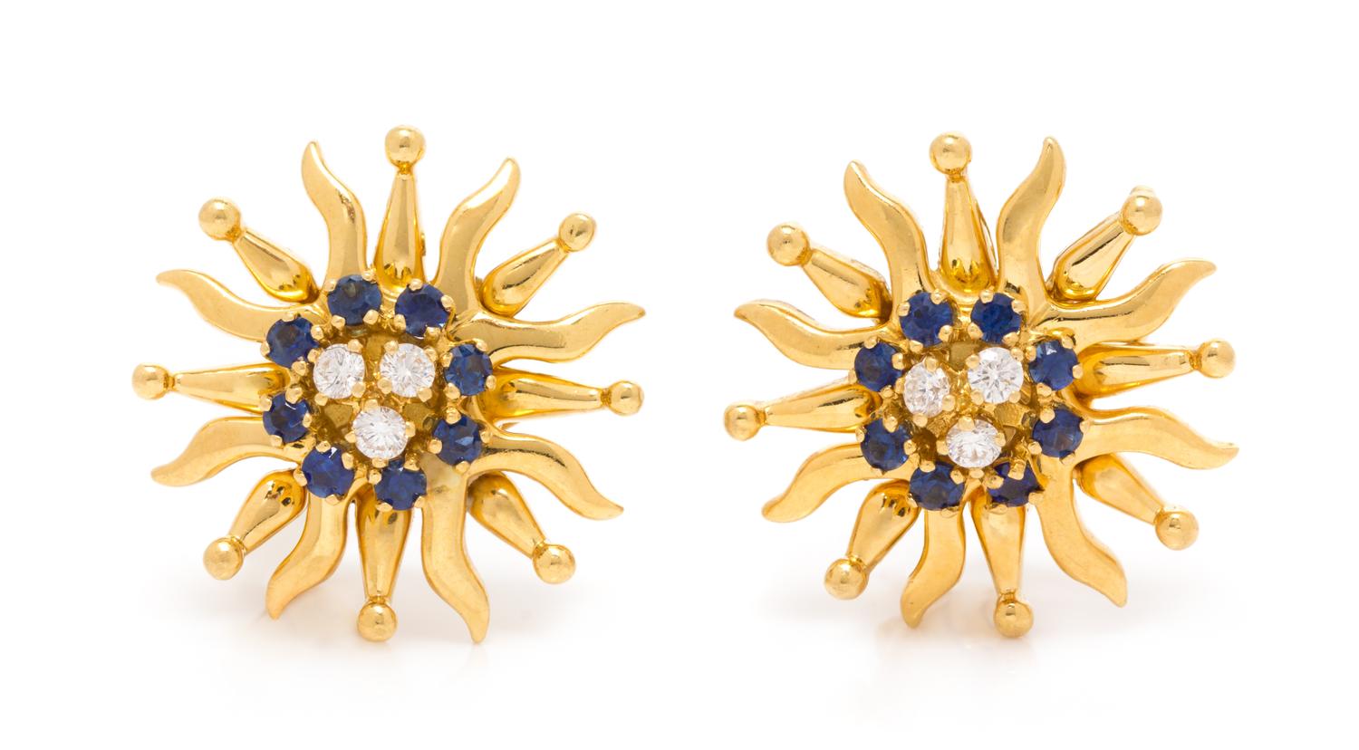A Pair of 18 Karat Yellow Gold, Diamond and Sapphire Earclips, Tiffany & Co., 10.20 dwts.