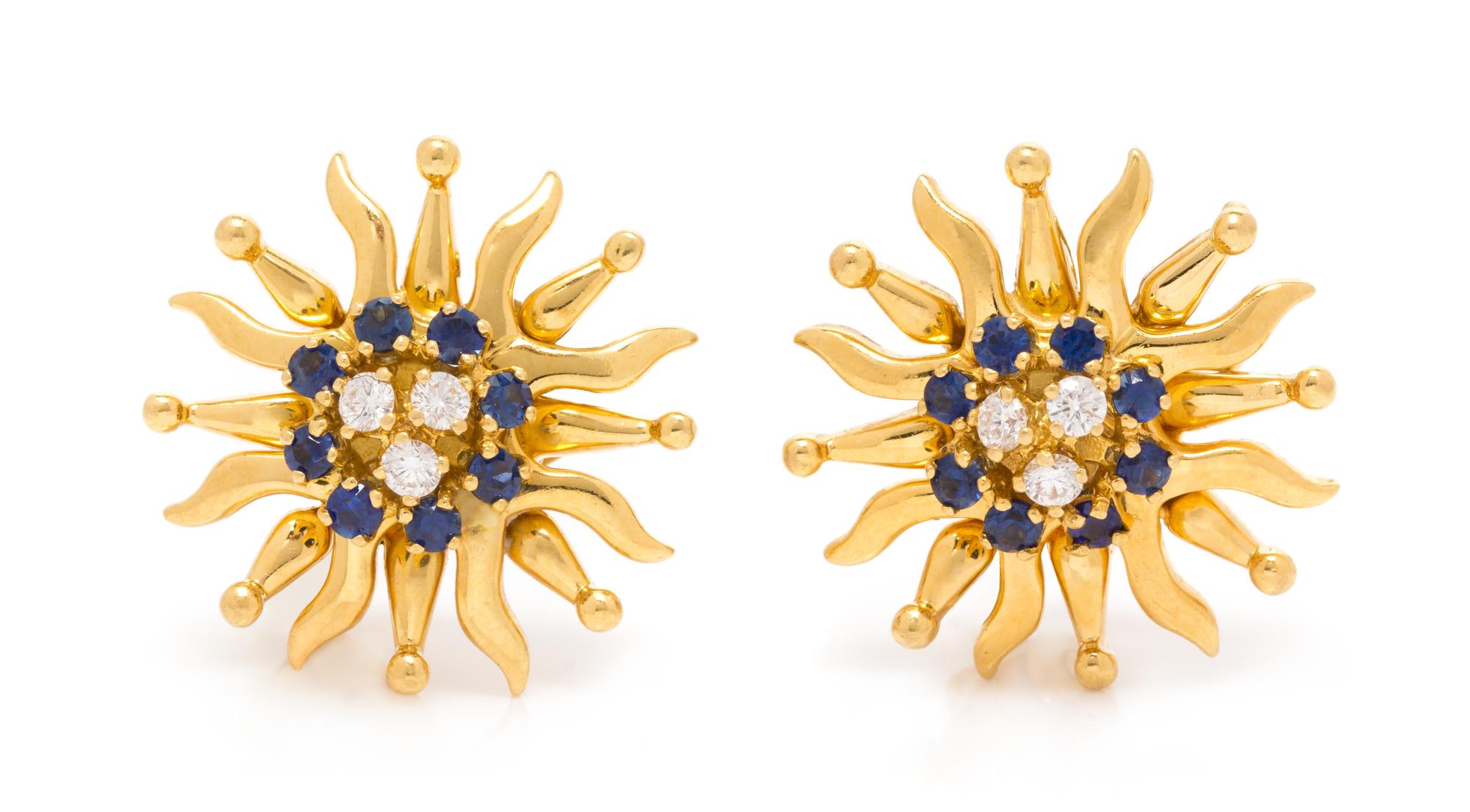 A Pair of 18 Karat Yellow Gold, Diamond and Sapphire Earclips, Tiffany & Co., 10.20 dwts.