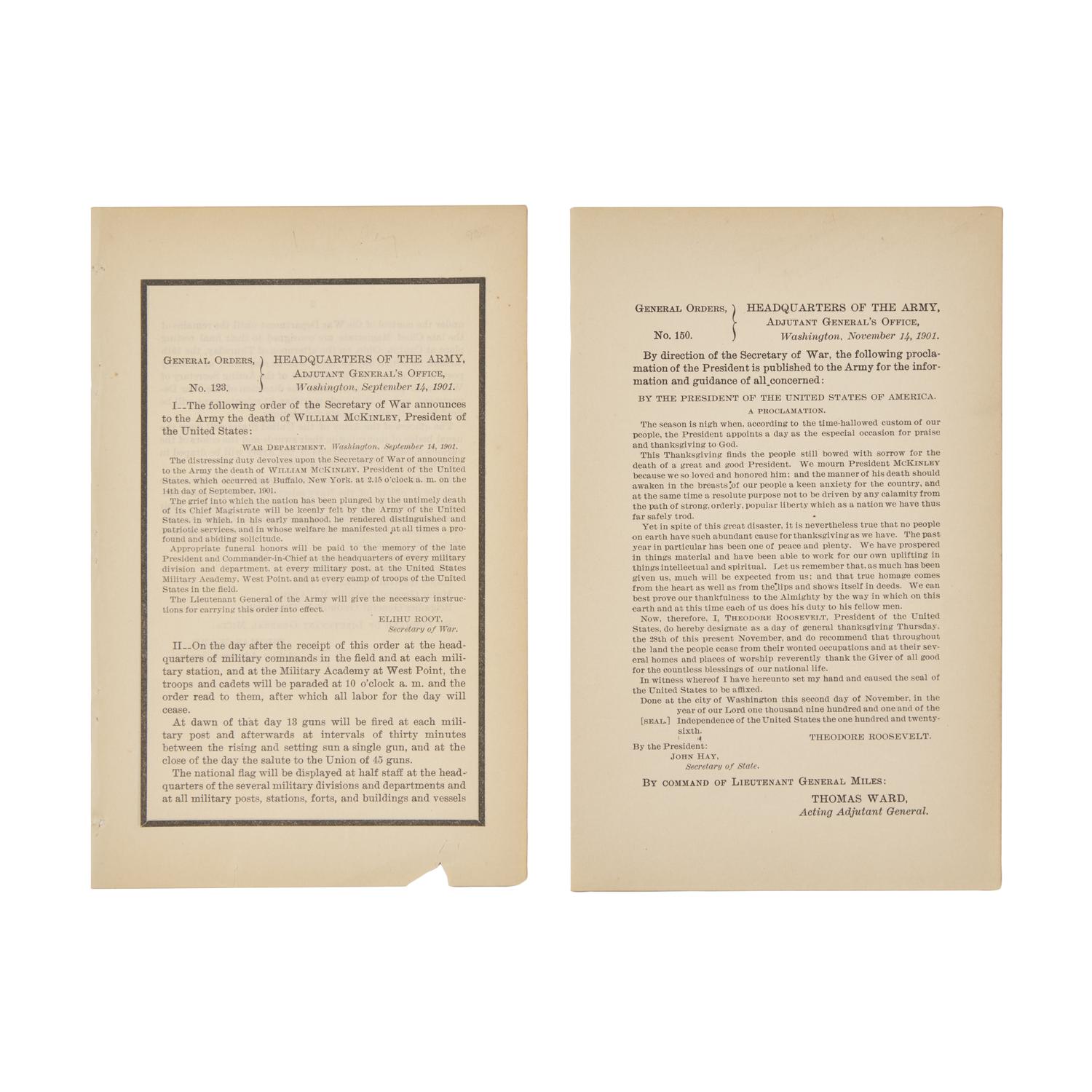 [McKinley, William] Pair of General Orders on the Death of President William McKinley
