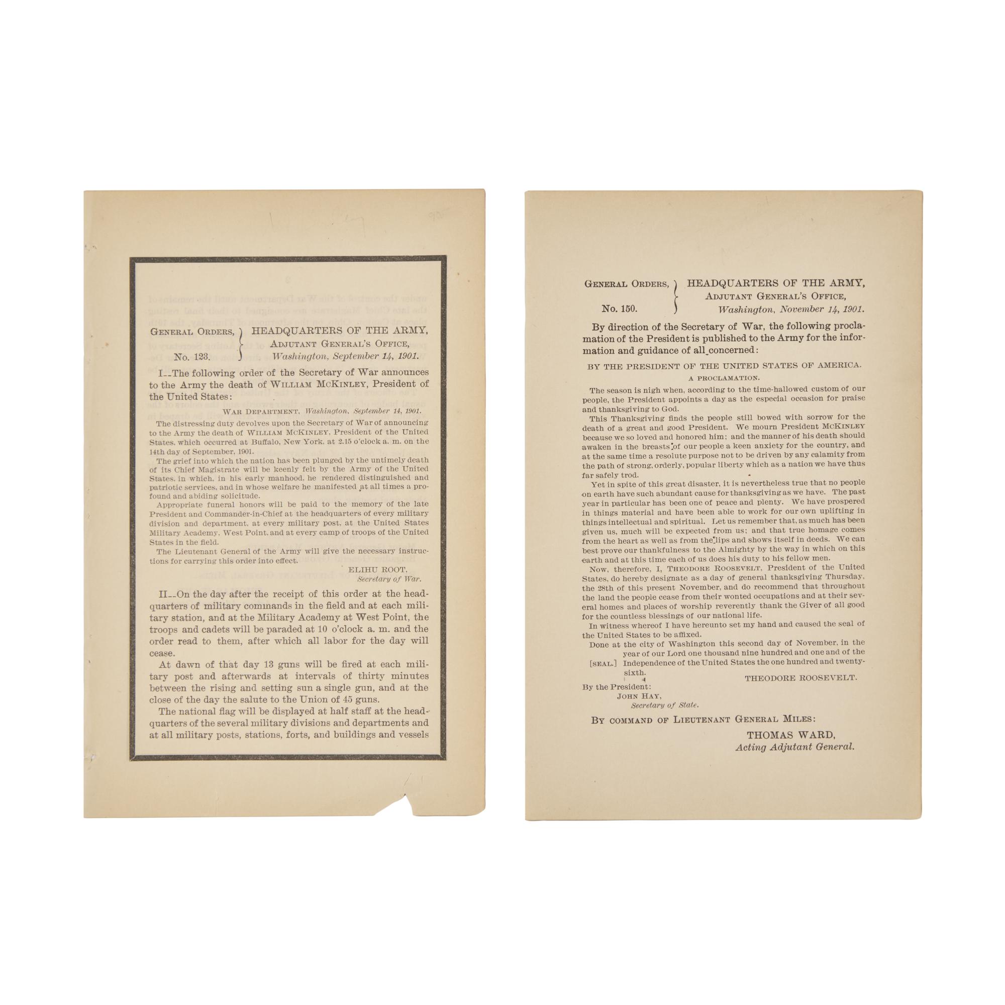[McKinley, William] Pair of General Orders on the Death of President William McKinley