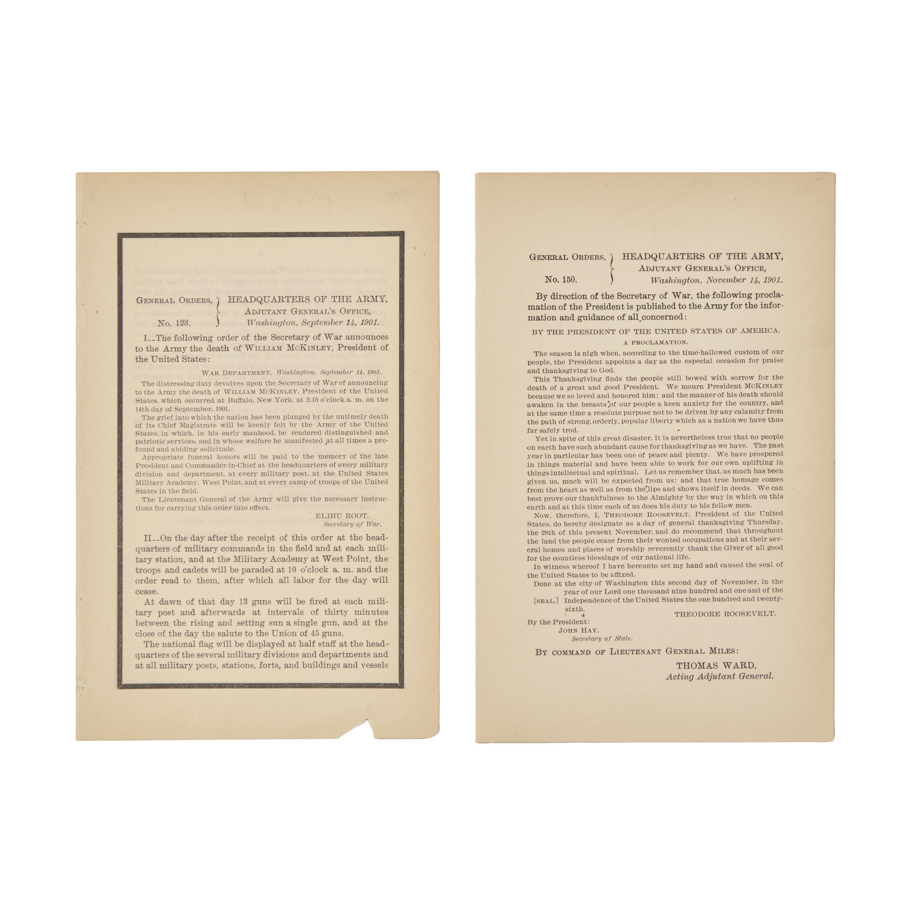 [McKinley, William] Pair of General Orders on the Death of President William McKinley