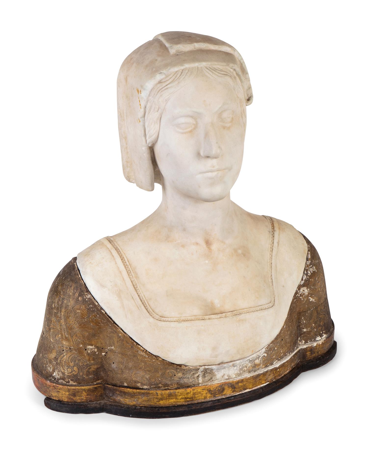 An Italian Carved Marble and Incised Wood Bust of a Woman — 17TH/18TH CENTURY, THE BASE 19TH CENTURY