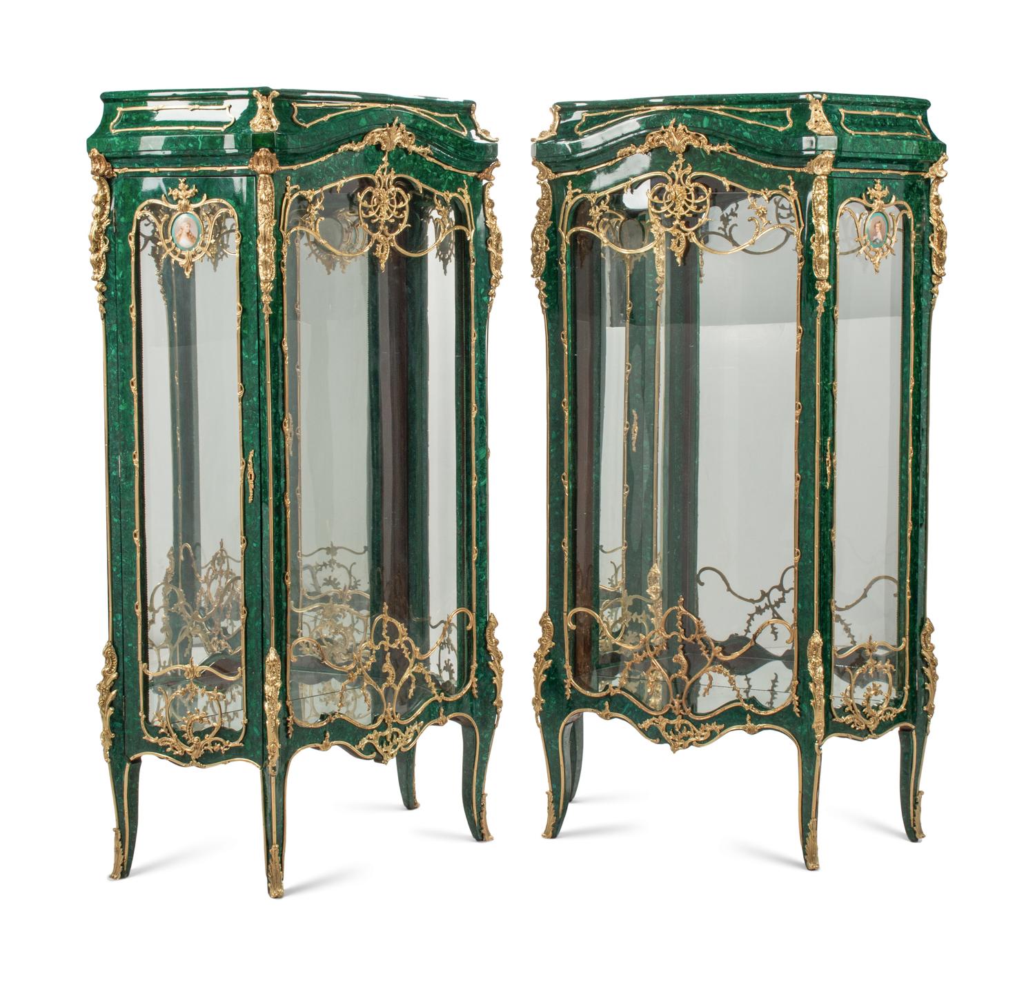 A Pair of Louis XV Style Gilt Bronze and Porcelain Mounted Malachite Cabinets