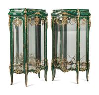 A Pair of Louis XV Style Gilt Bronze and Porcelain Mounted Malachite Cabinets