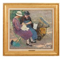 Deux femmes assises auprès d’une voiture d’enfant