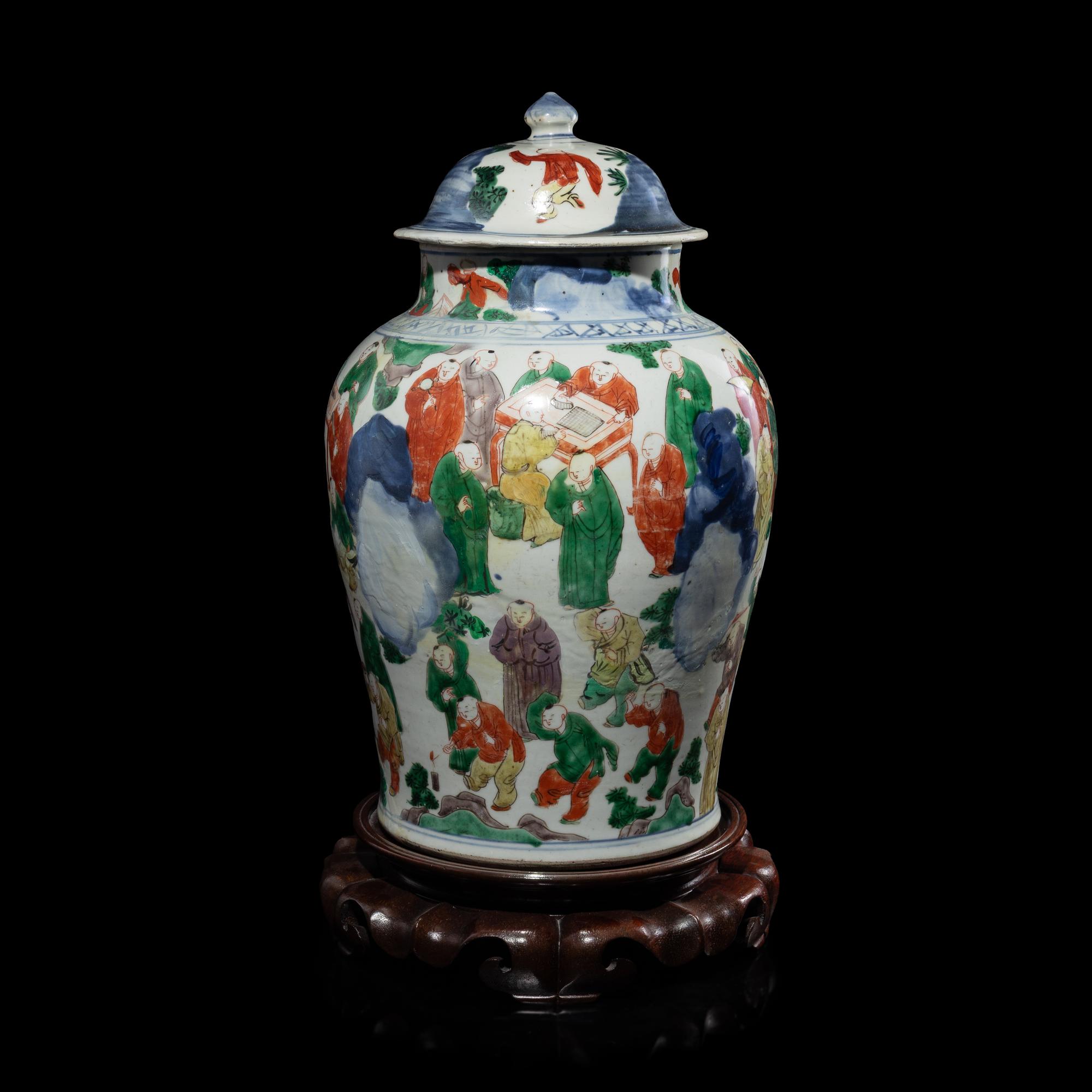 A Chinese Wucai Porcelain 'Boys' General Jar and Cover, Possibly 17th Century 或明末清初 五彩百子圖將軍罐