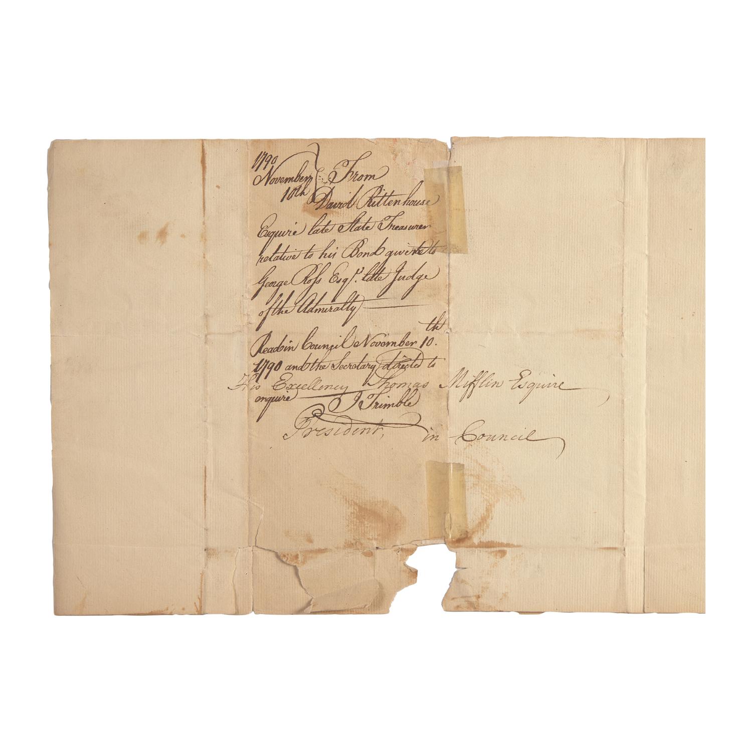 [American Revolution] Rittenhouse, David. Autograph Letter, signed
