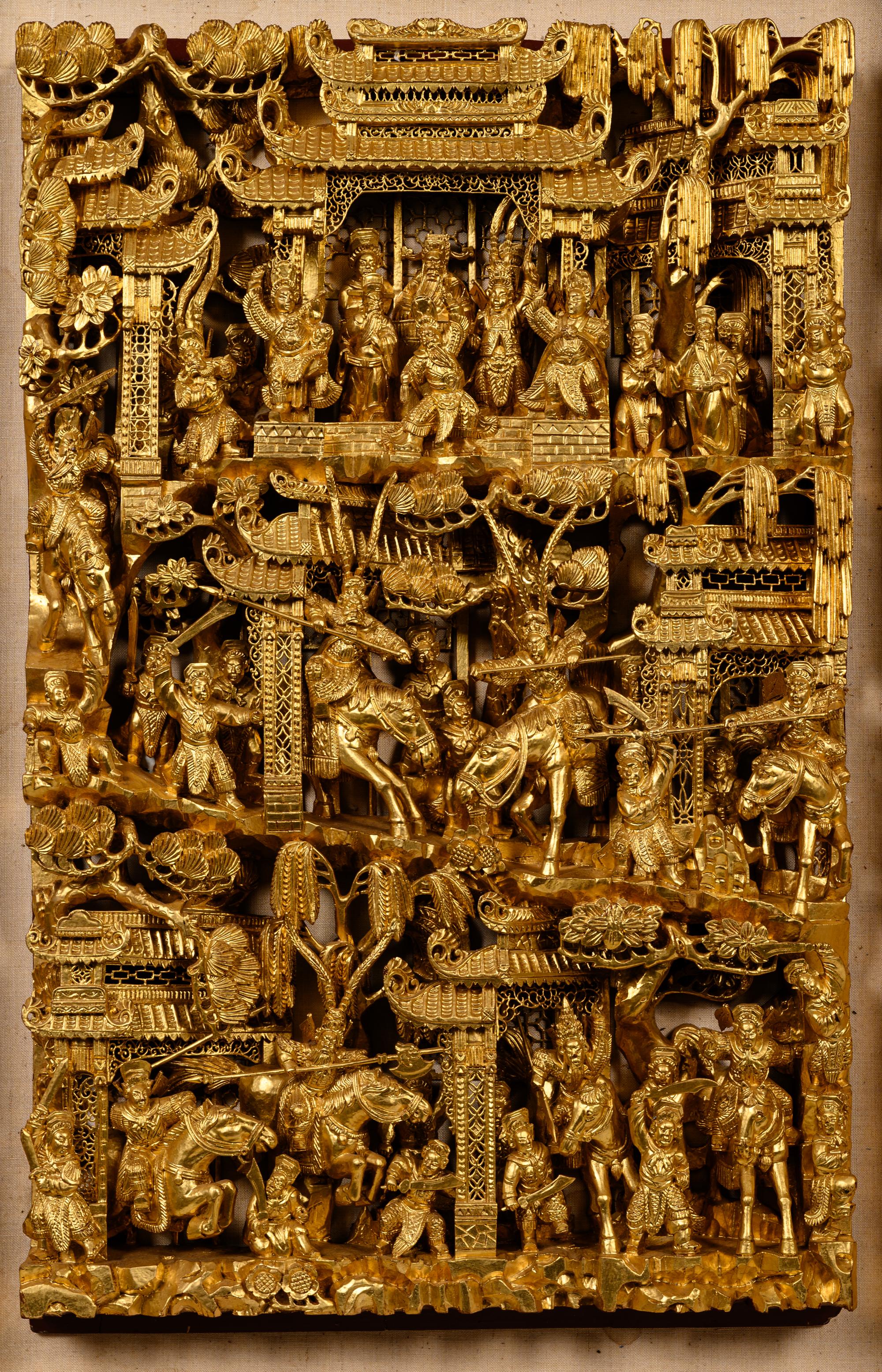 A Chinese Gilt Lacquered Carved Wood Panel