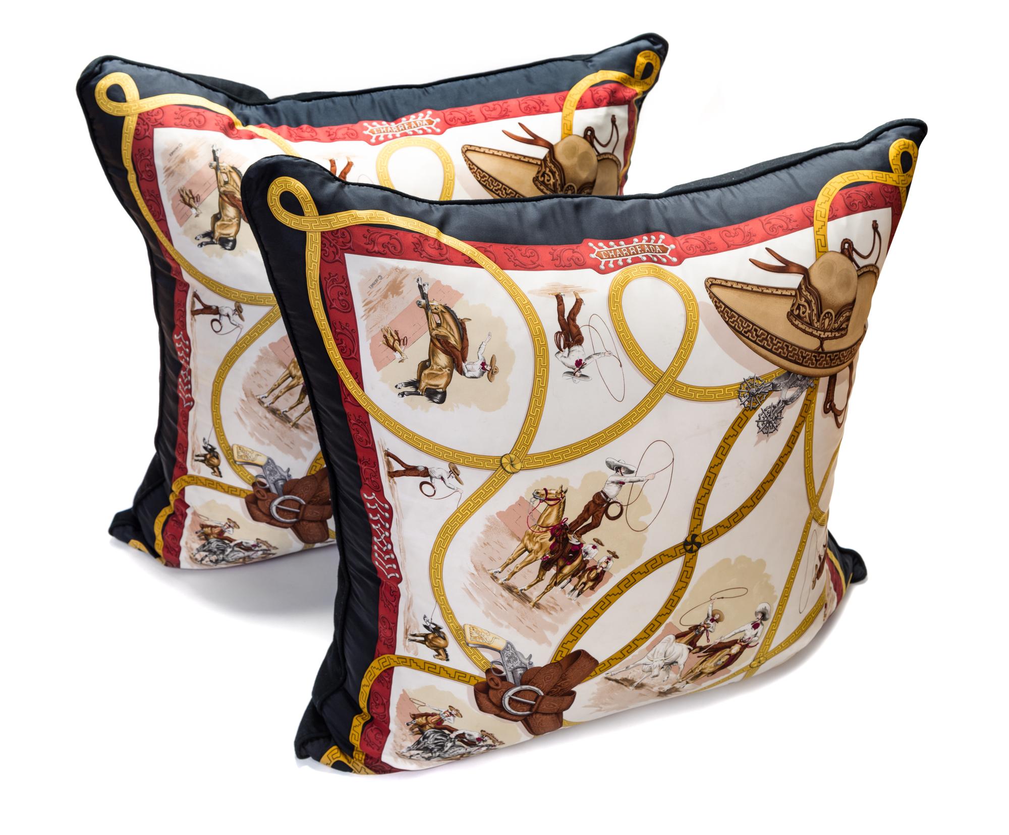 A Pair of Hermès Silk Scarf Pillows, 34" x 36" x 13".