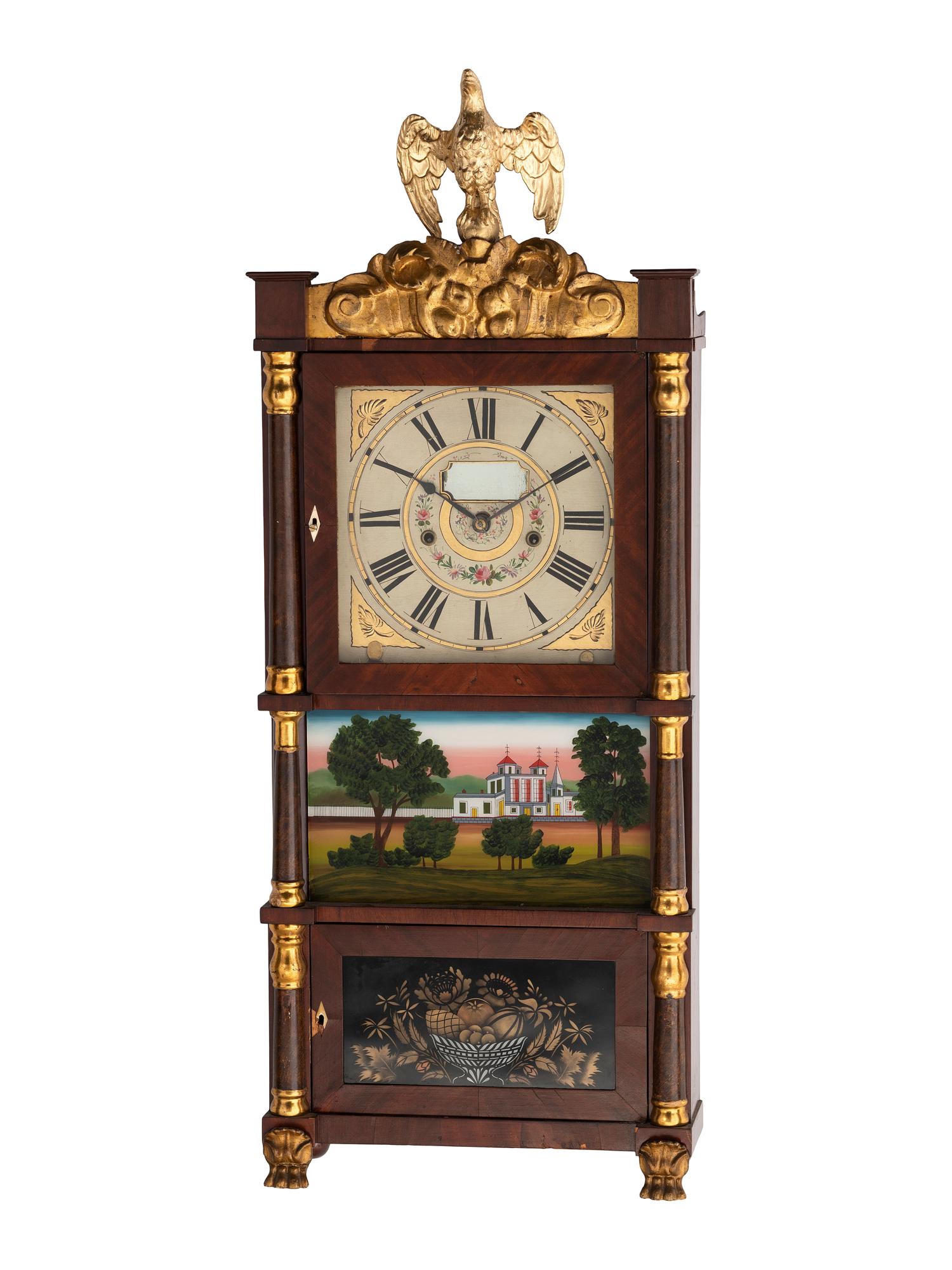 A Mahogany Eglomise and Parcel Gilt Mantel Clock