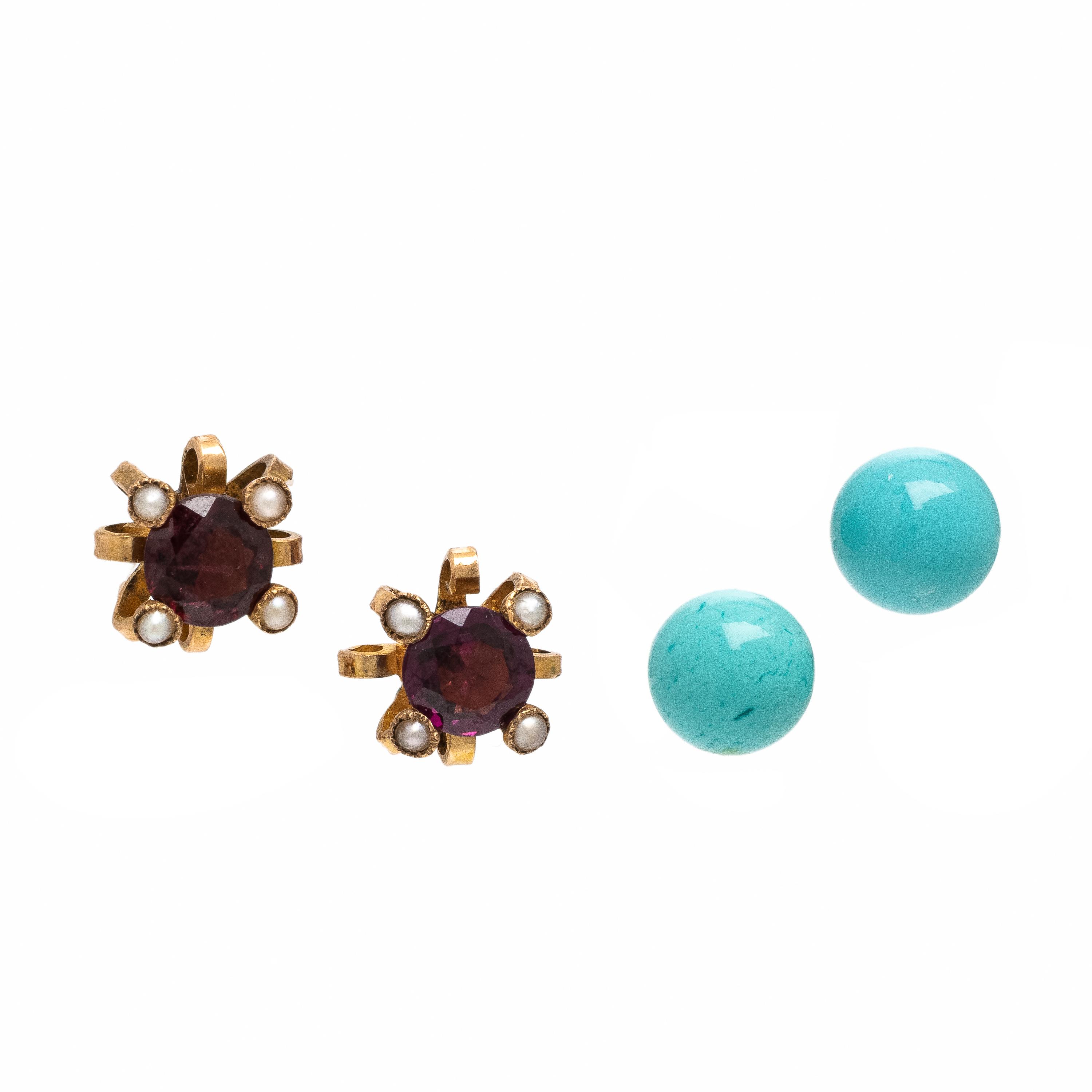 Yellow Gold, Garnet, and Seed Pearl Stud Earrings and Turquoise Earrings