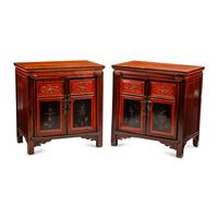 A Pair of Chinese Hardwood and Lacquer Panel-Inset Cabinets