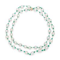 CULTURED BAROQUE PEARL AND EMERALD LONGCHAIN NECKLACE