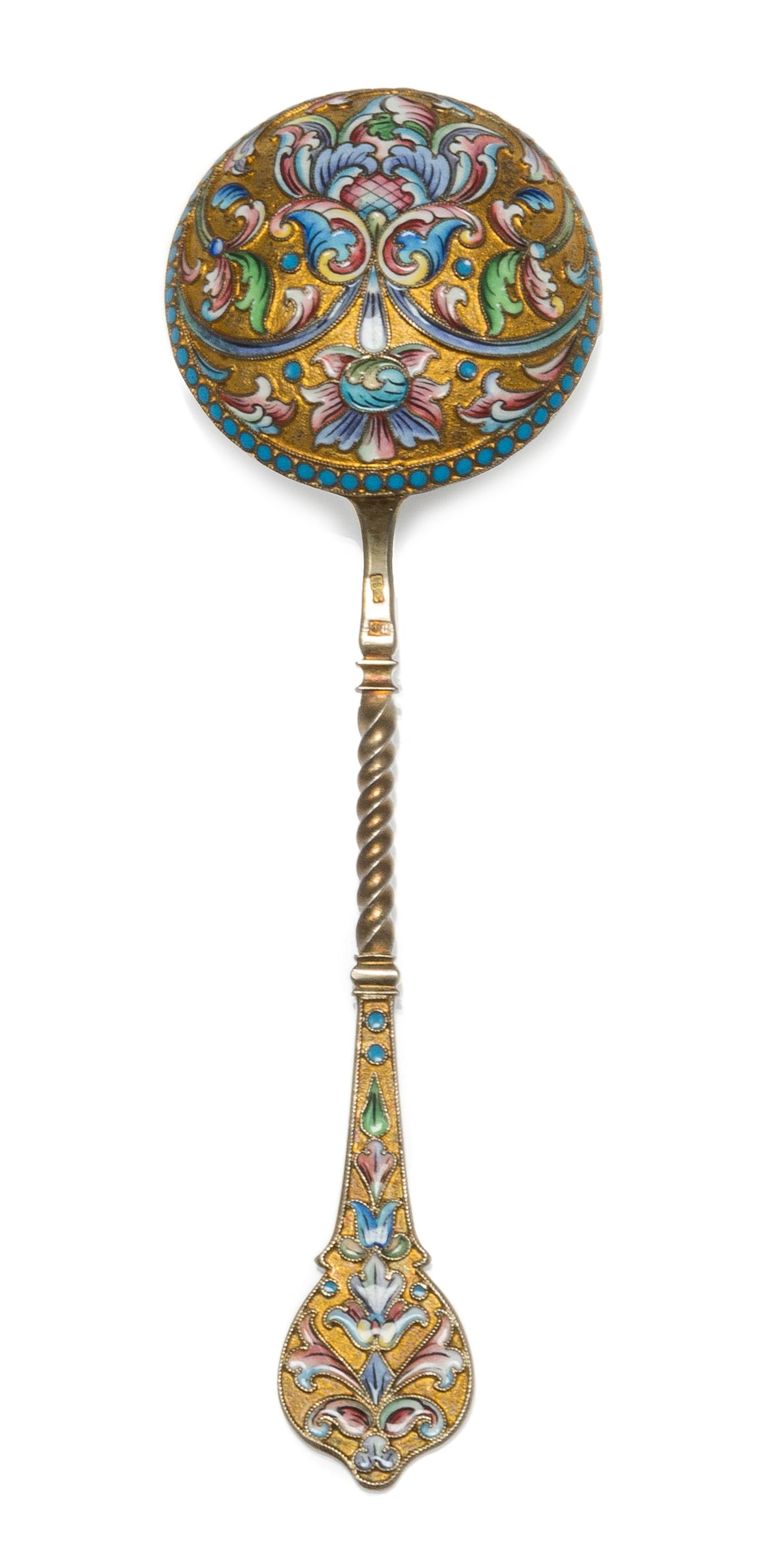 A Russian Silver-Gilt and Enamel Spoon, Maker's mark likely Pitor Fariseyev, Moscow, early 20th century, having an enamel and twist dec