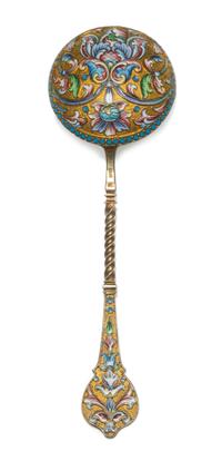 A Russian Silver-Gilt and Enamel Spoon, Maker's mark likely Pitor Fariseyev, Moscow, early 20th century, having an enamel and twist dec