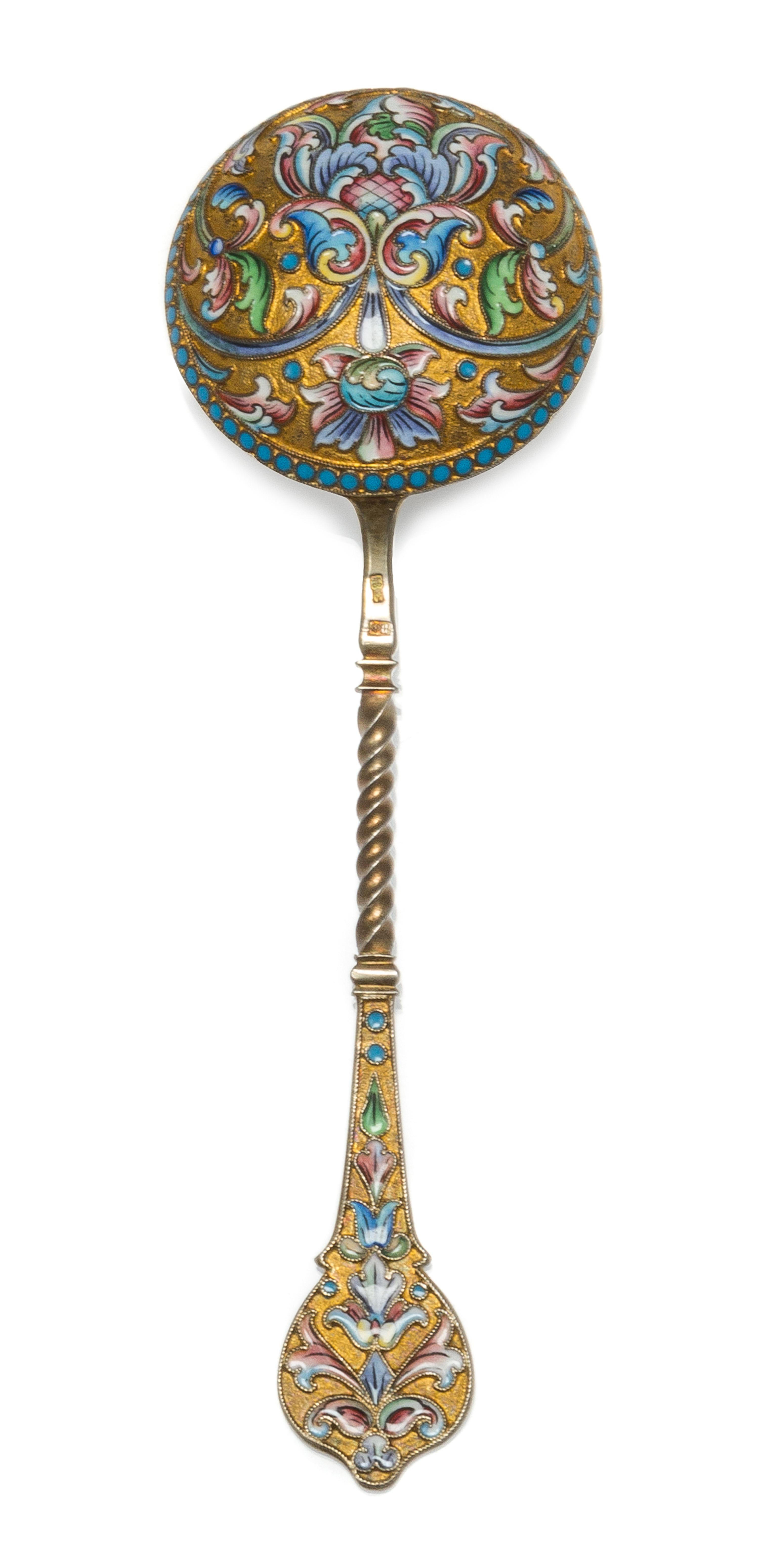 A Russian Silver-Gilt and Enamel Spoon, Maker's mark likely Pitor Fariseyev, Moscow, early 20th century, having an enamel and twist dec