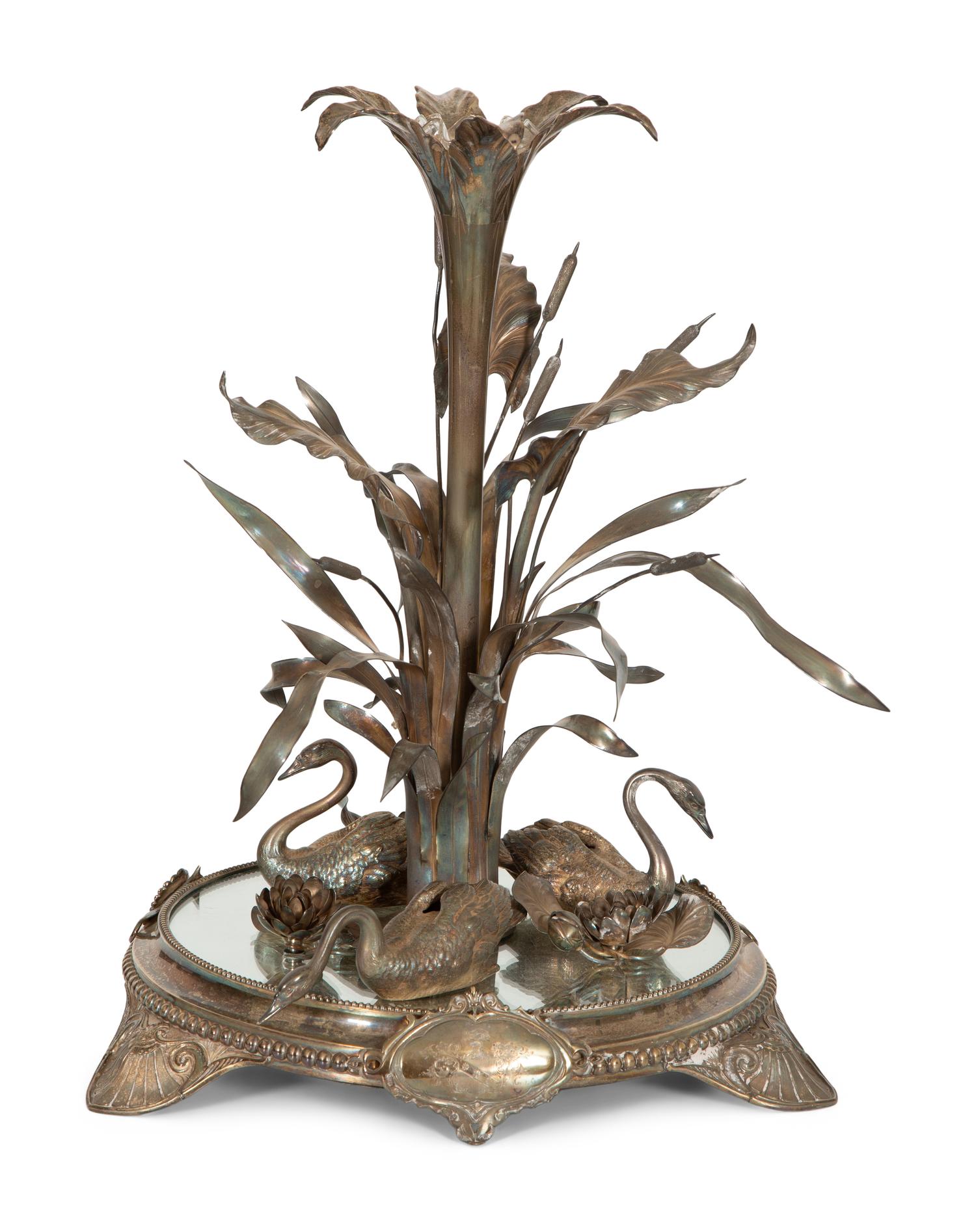 A Victorian Silver Swan-Motif Epergne and Circular Plateau