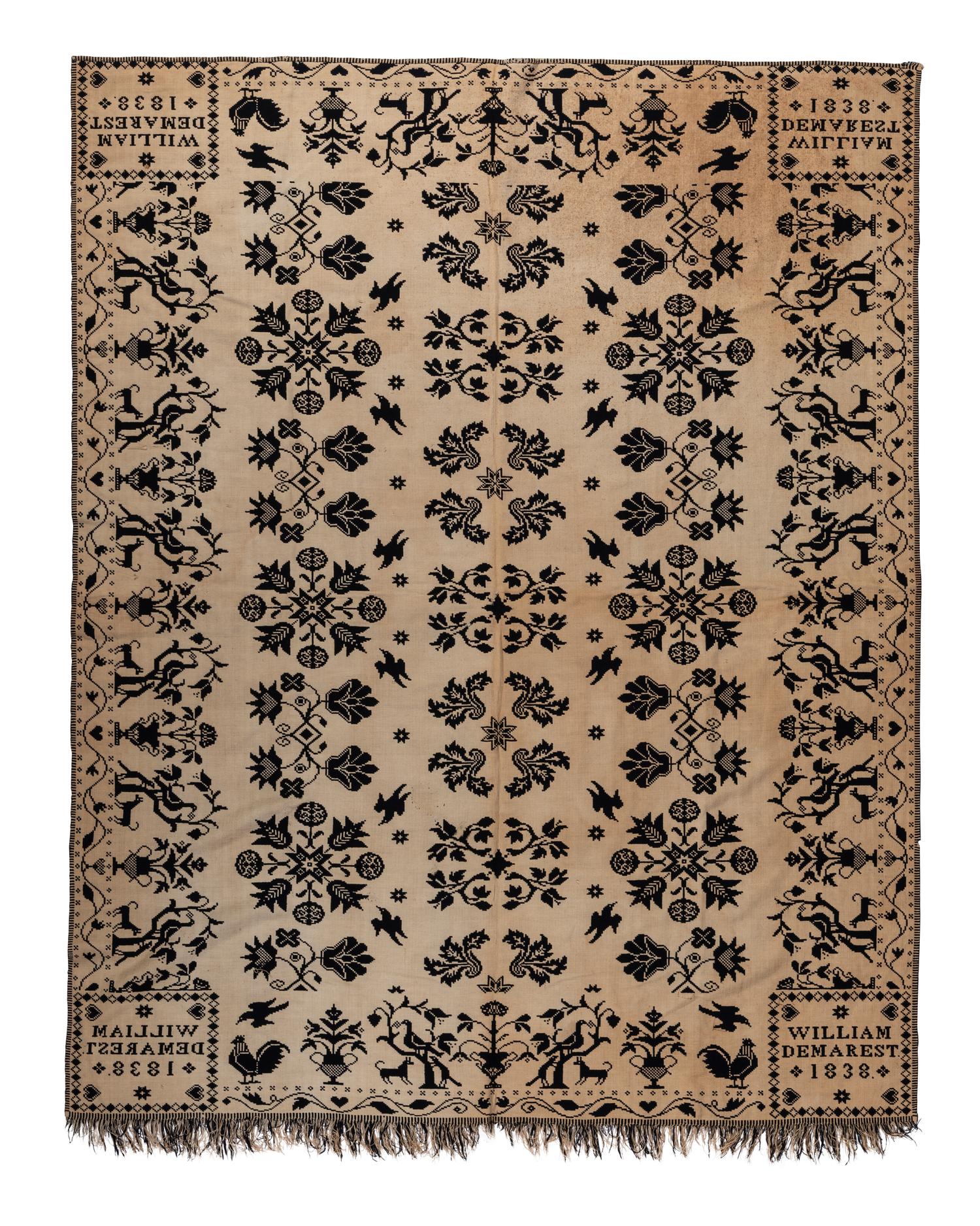 A Squirrel, Rooster, Dove, Dog, Heart and Flower Pattern Jacquard Coverlet
