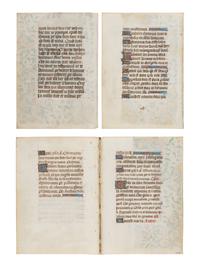 CIRCLE OF THE MASTER OF THE ROUEN ÉCHEVINAGE (Playfair Group) (active Rouen, c. 1450-1480s) Four leaves (a bifolium and 2 single leaves) from a Book of Hours, with a large miniature of the Four Evangelists, in Latin, illuminated manuscript on parchment, [France, Rouen, c. 1460–1470]