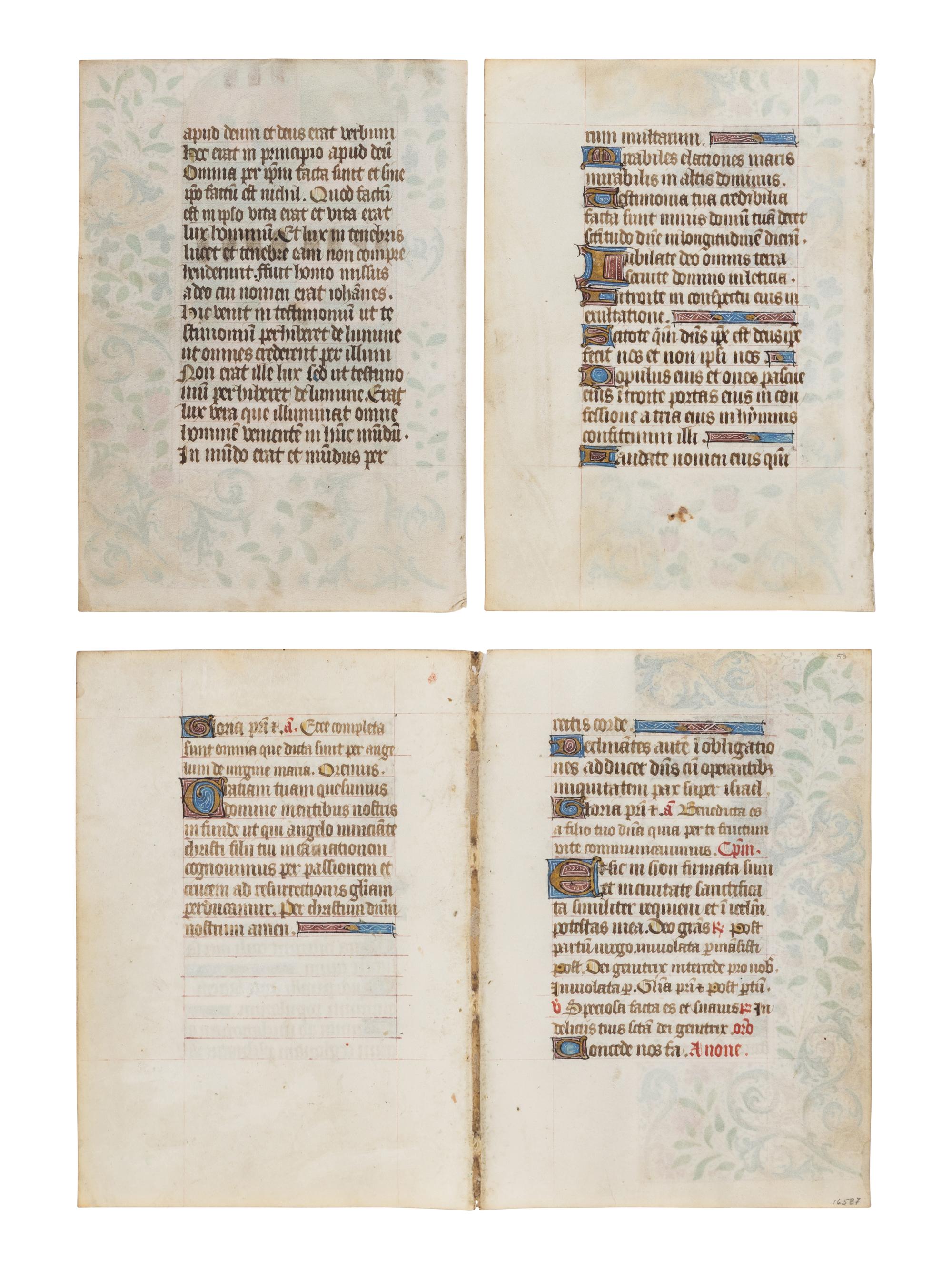 CIRCLE OF THE MASTER OF THE ROUEN ÉCHEVINAGE (Playfair Group) (active Rouen, c. 1450-1480s) Four leaves (a bifolium and 2 single leaves) from a Book of Hours, with a large miniature of the Four Evangelists, in Latin, illuminated manuscript on parchment, [France, Rouen, c. 1460–1470]