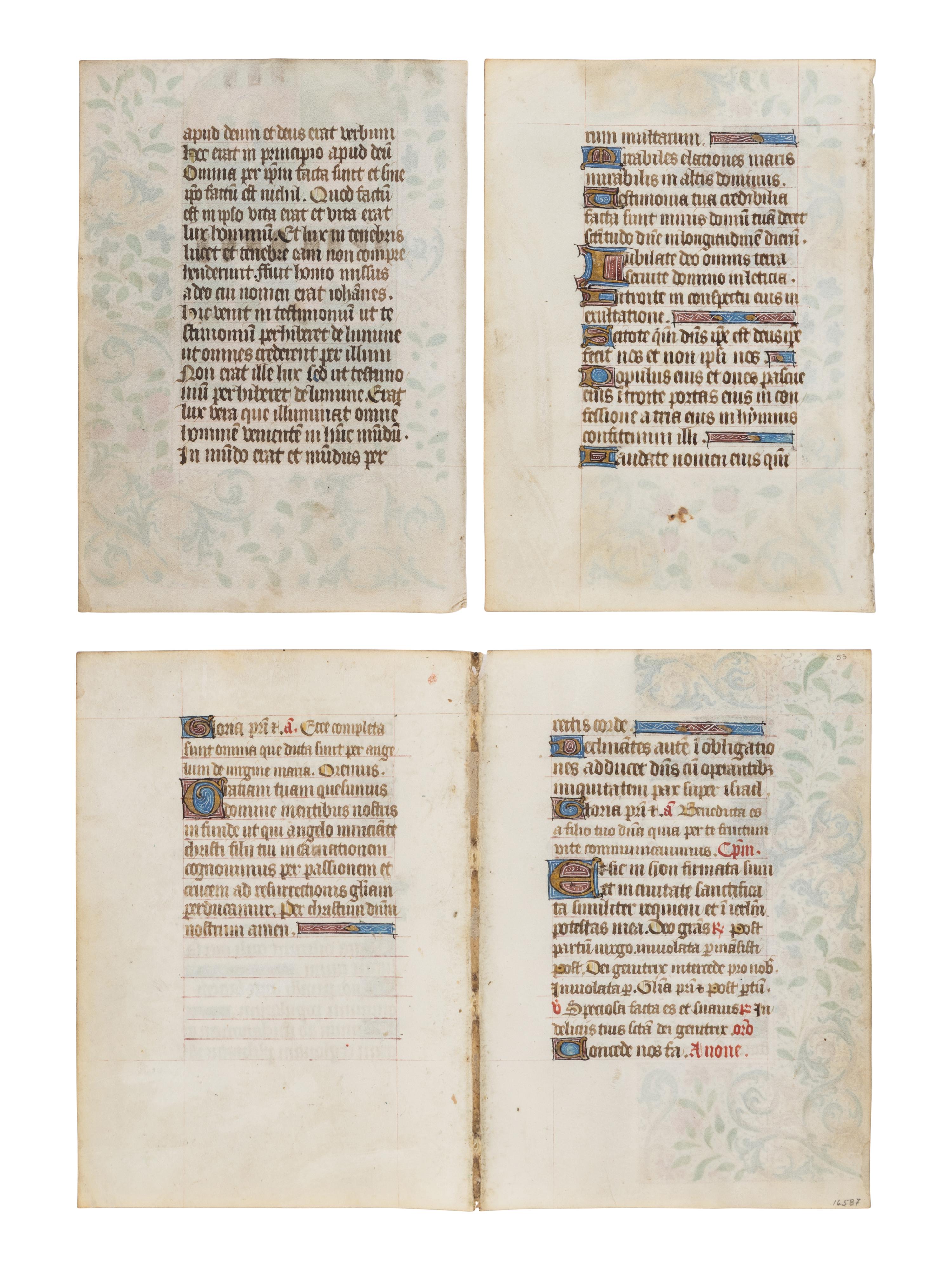 CIRCLE OF THE MASTER OF THE ROUEN ÉCHEVINAGE (Playfair Group) (active Rouen, c. 1450-1480s) Four leaves (a bifolium and 2 single leaves) from a Book of Hours, with a large miniature of the Four Evangelists, in Latin, illuminated manuscript on parchment, [France, Rouen, c. 1460–1470]
