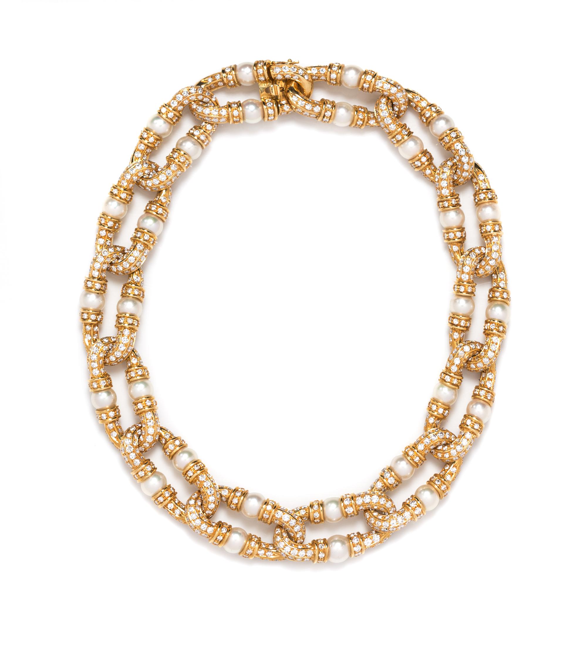 An 18 Karat Yellow Gold, Cultured Pearl and Diamond Necklace, 128.90 dwts.