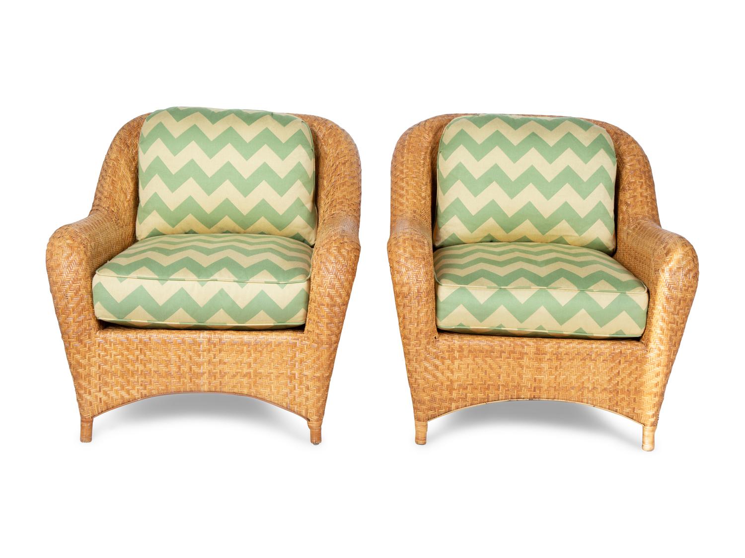 A Pair of Rattan Armchairs with Green Seat and Back Cushions — 20TH/21ST CENTURY