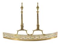 A Pair of Colonial Style Brass Andirons and an Associated Brass Fender Height of andirons 29 1/2 inches. — 18TH/19TH CENTURY