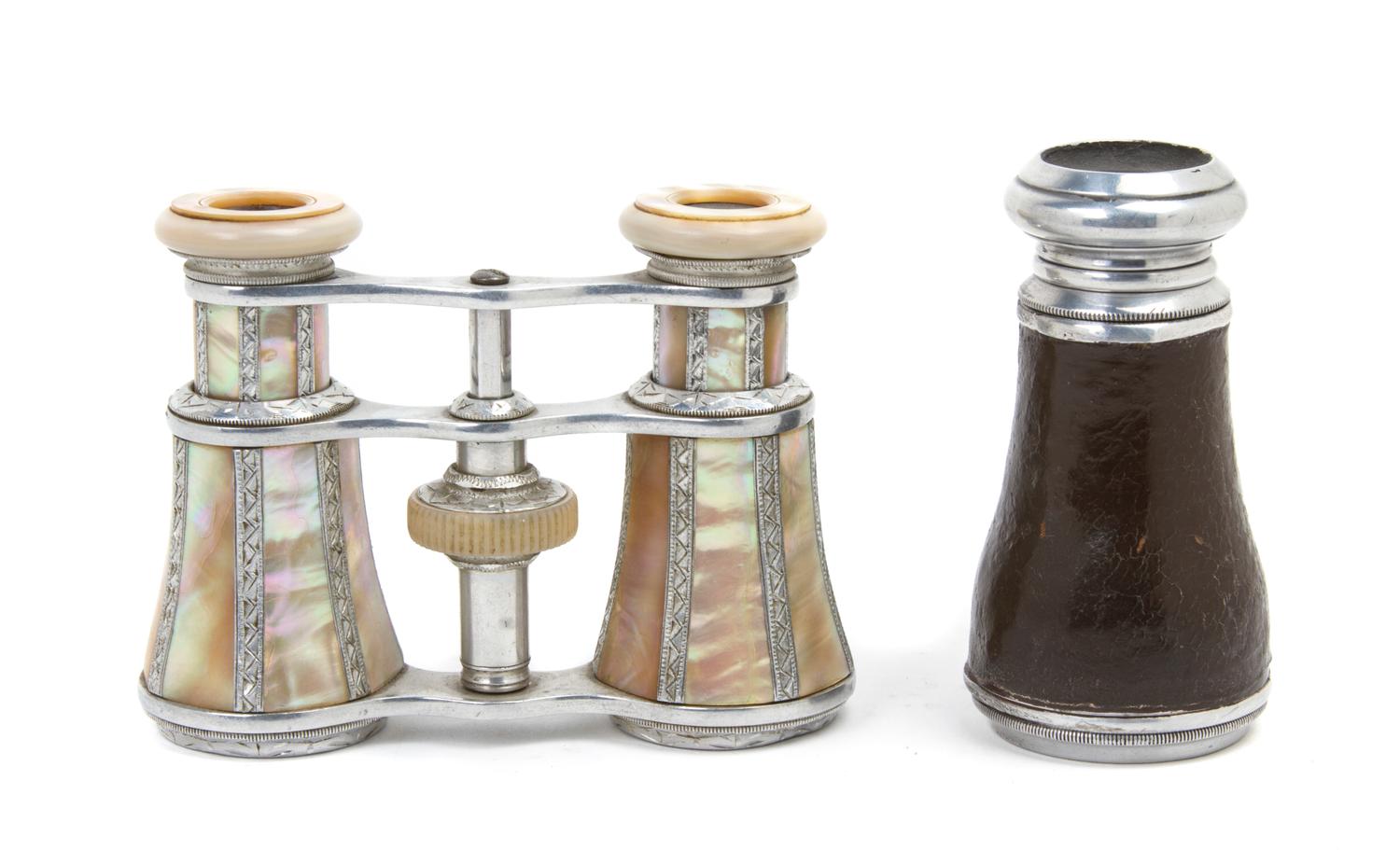 A Pair of Mother-of-Pearl Veneered Opera Glasses, Width of first 4 inches.