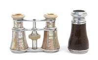 A Pair of Mother-of-Pearl Veneered Opera Glasses, Width of first 4 inches.