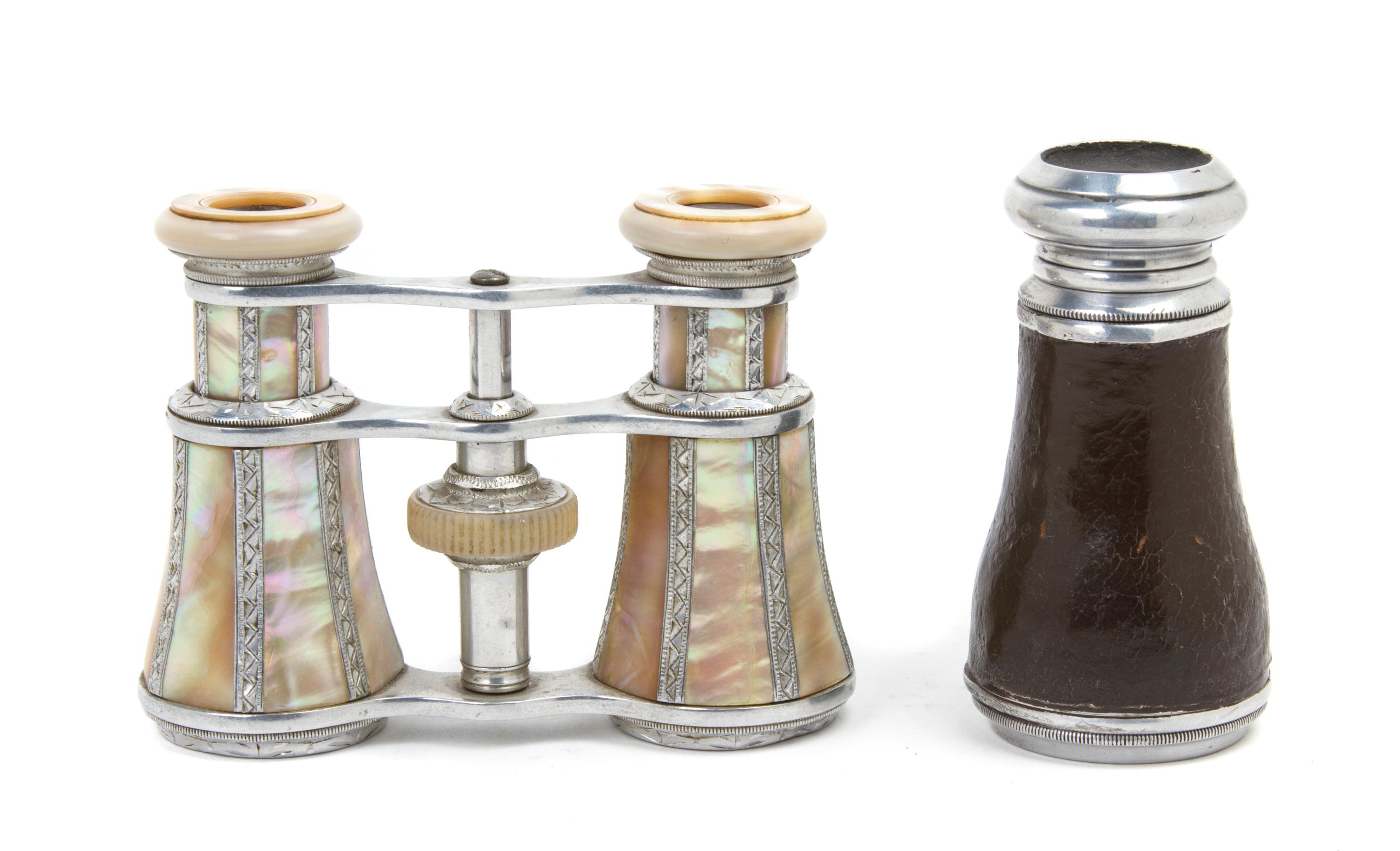 A Pair of Mother-of-Pearl Veneered Opera Glasses, Width of first 4 inches.