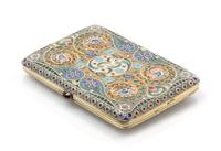 A Russian Enameled Silver Cigarette Case, Mark of I.P. Khlebinikov with Imperial Warrant, Moscow, 19th century, the case having a gilt