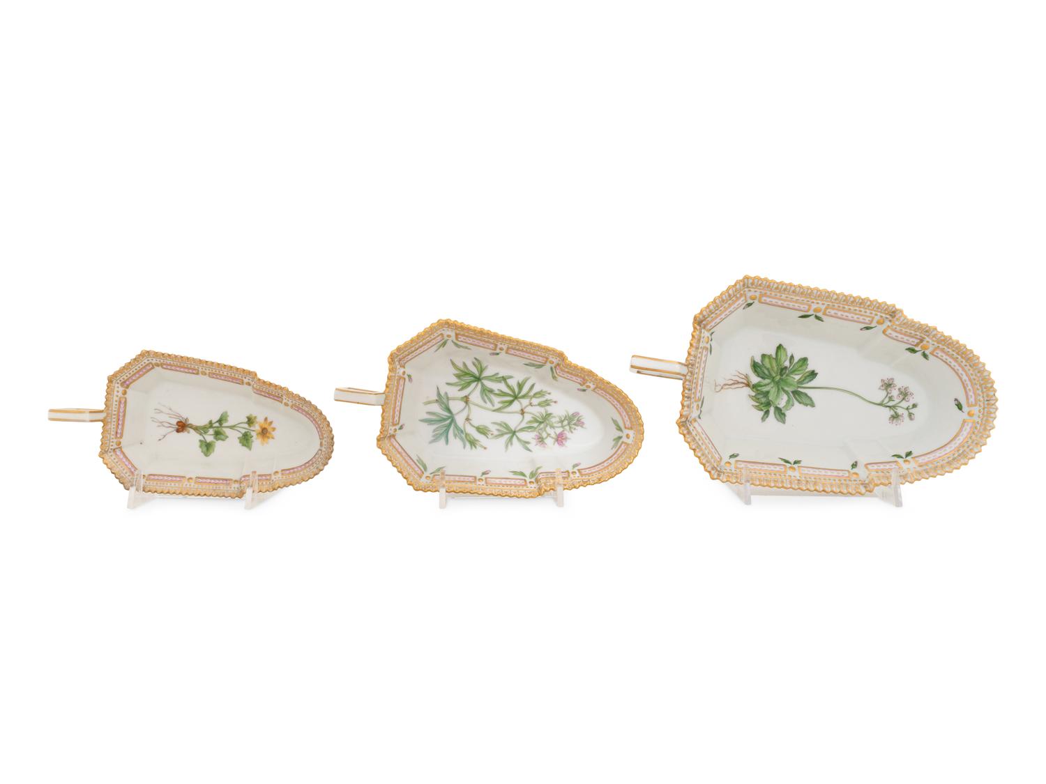 Three Royal Copenhagen Flora Danica Leaf-Form Dishes