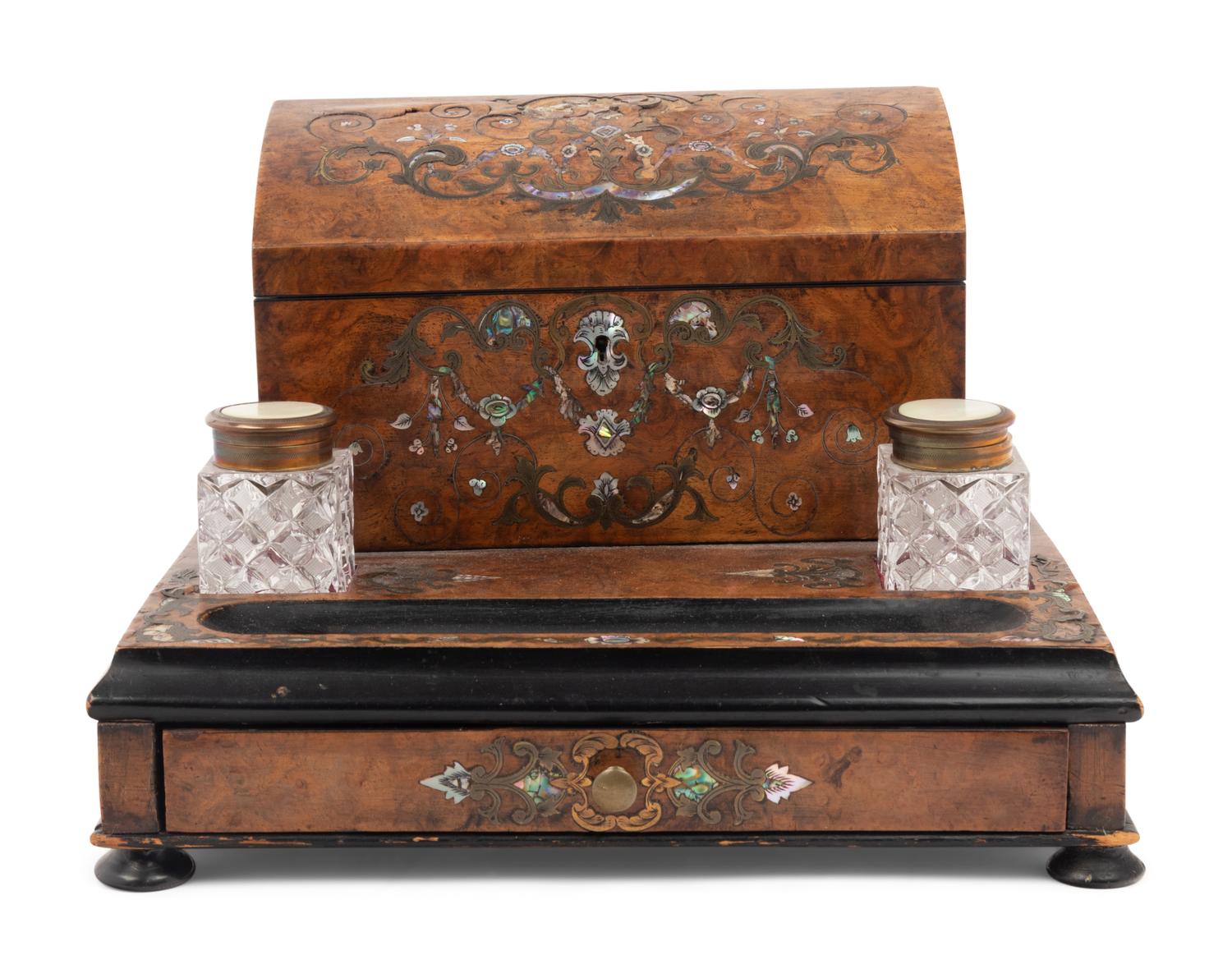 A Napoleon III Burlwood Marquetry and Mother-of-Pearl Inlaid Ink Stand