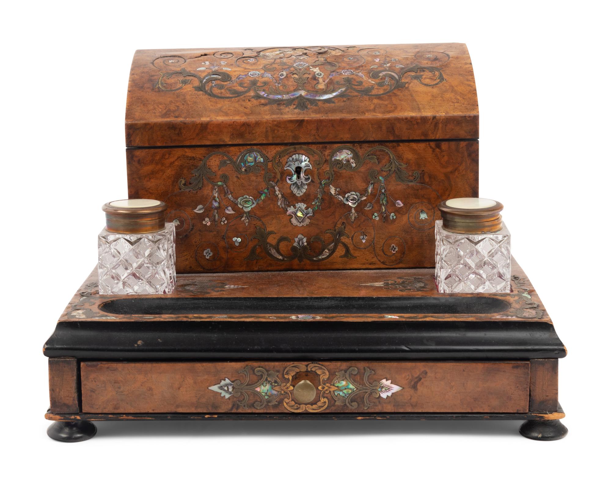 A Napoleon III Burlwood Marquetry and Mother-of-Pearl Inlaid Ink Stand