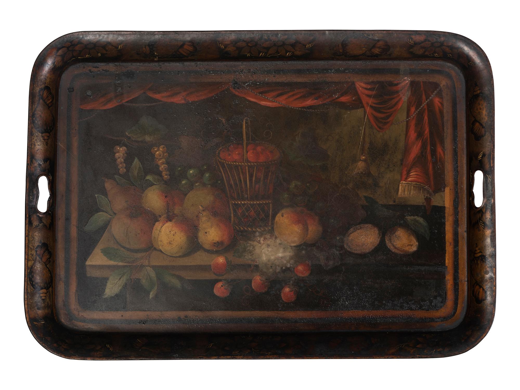 A Hand-Painted Tole Tray with Fruit Decoration