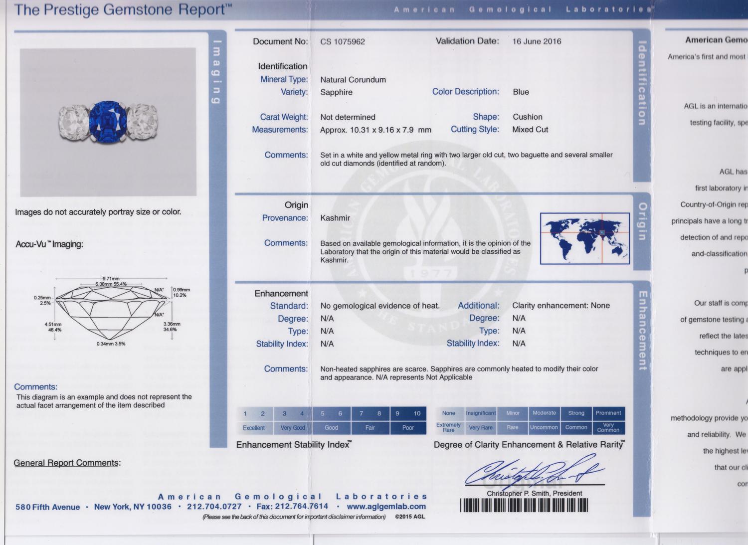 A Fine 6.40 Carat Antique Cushion Cut Kashmir Sapphire, 7.00 dwts.
