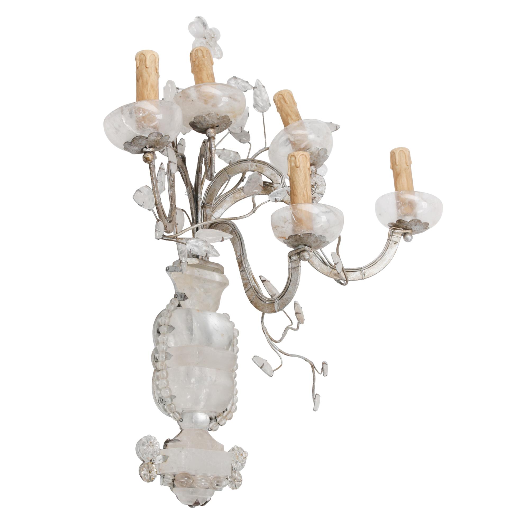A Set of Four Régence Style Silvered Metal and Rock Crystal Five-Light Sconces