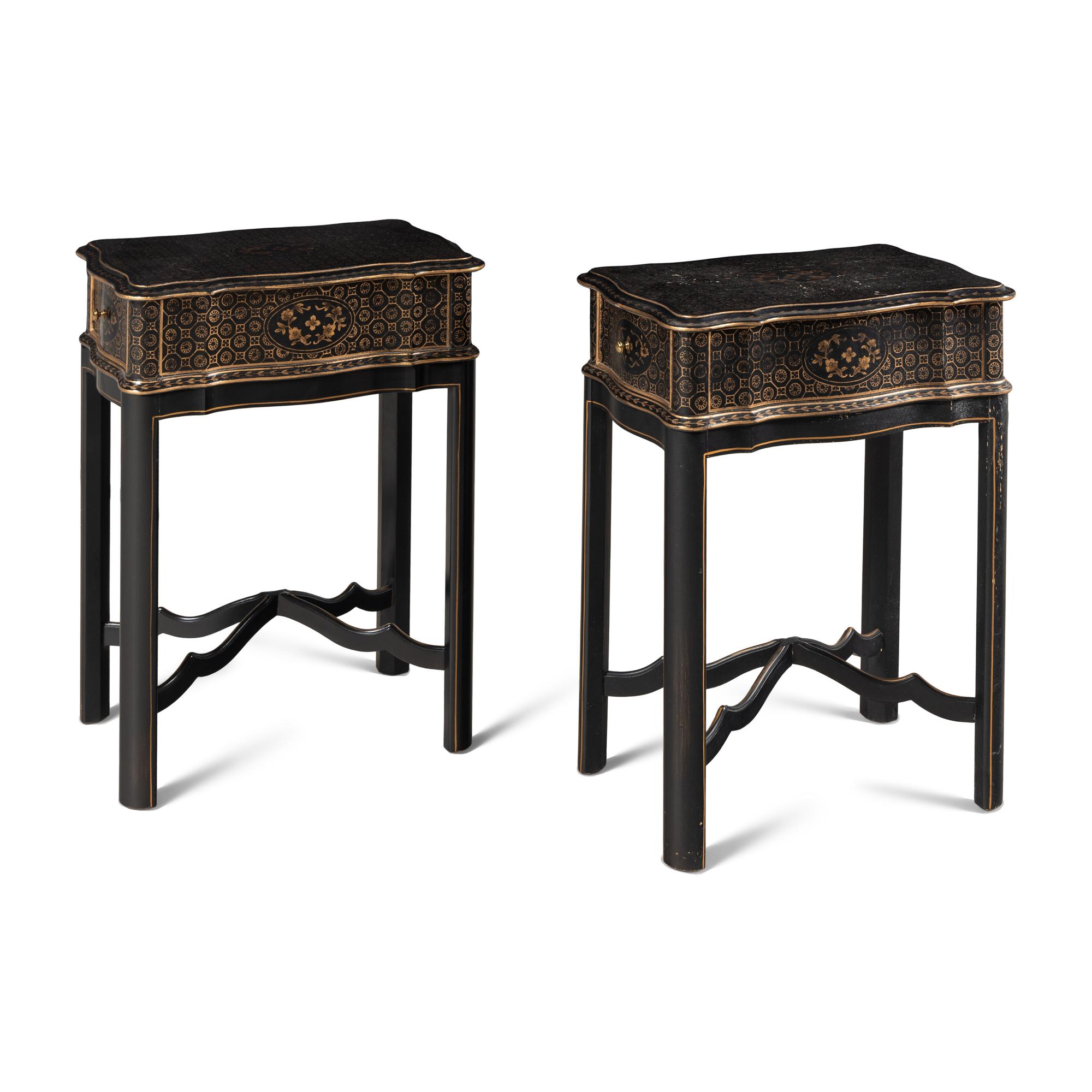 A Pair of Black and Gilt-Decorated Side Tables