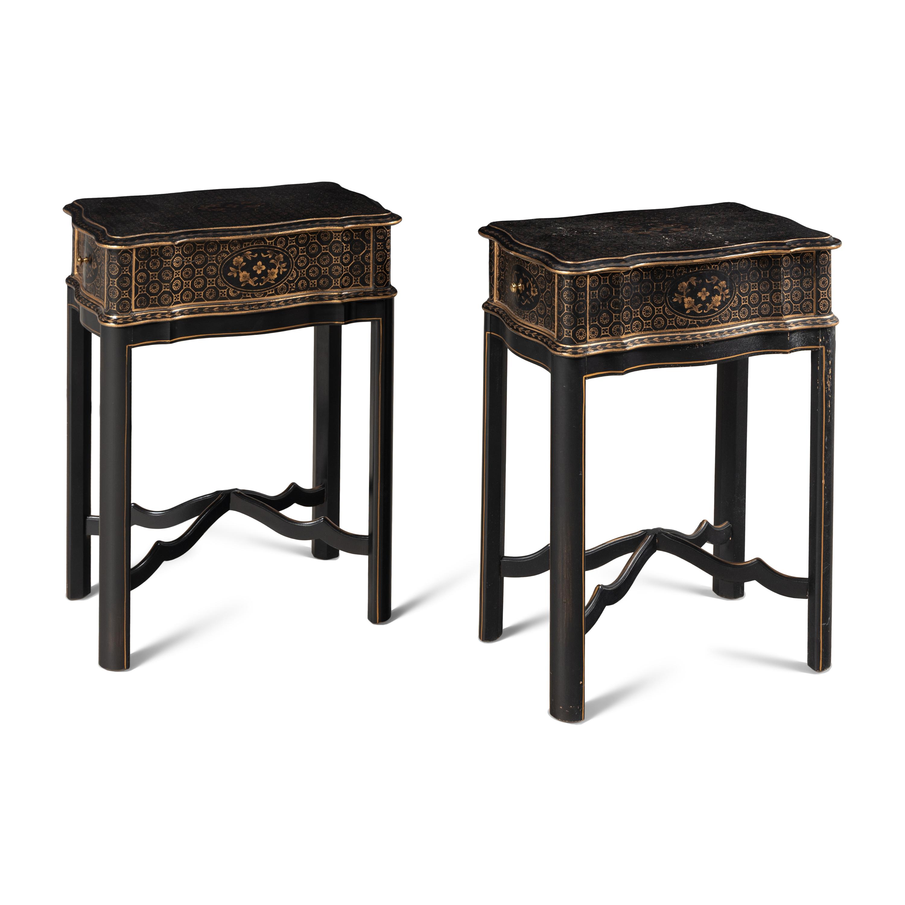 A Pair of Black and Gilt-Decorated Side Tables