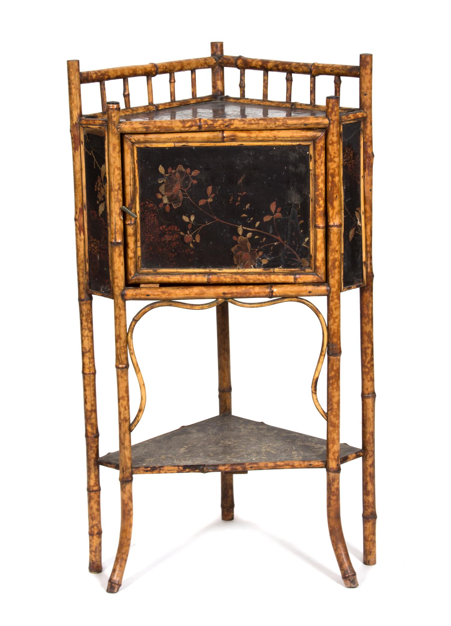 A Victorian Style Burnt Bamboo and Lacquer Corner Cabinet — 20TH CENTURY