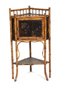 A Victorian Style Burnt Bamboo and Lacquer Corner Cabinet — 20TH CENTURY