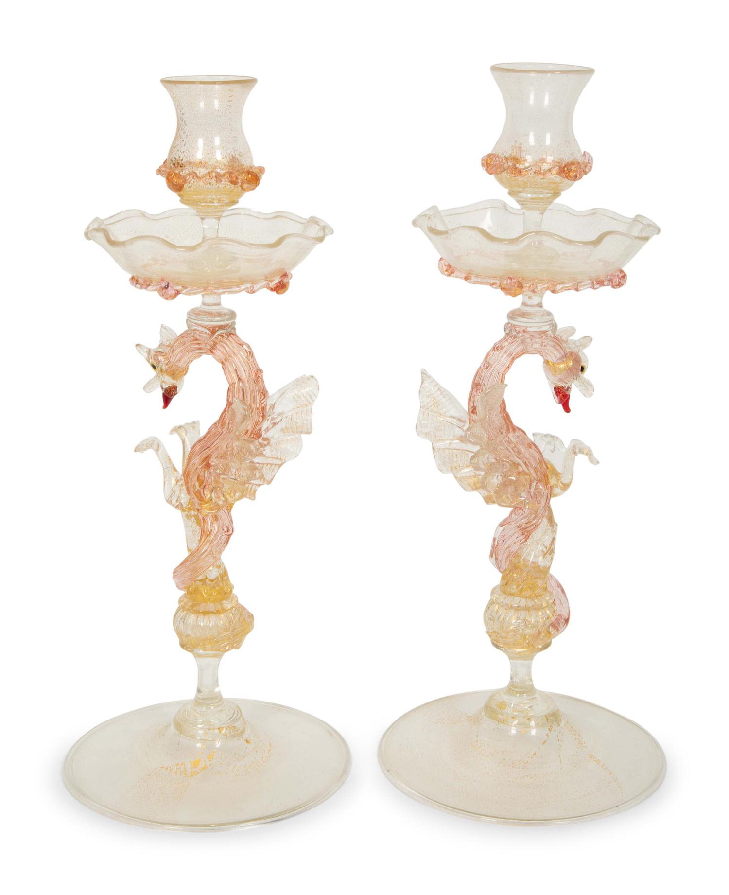 A Pair of Murano Glass Candlesticks